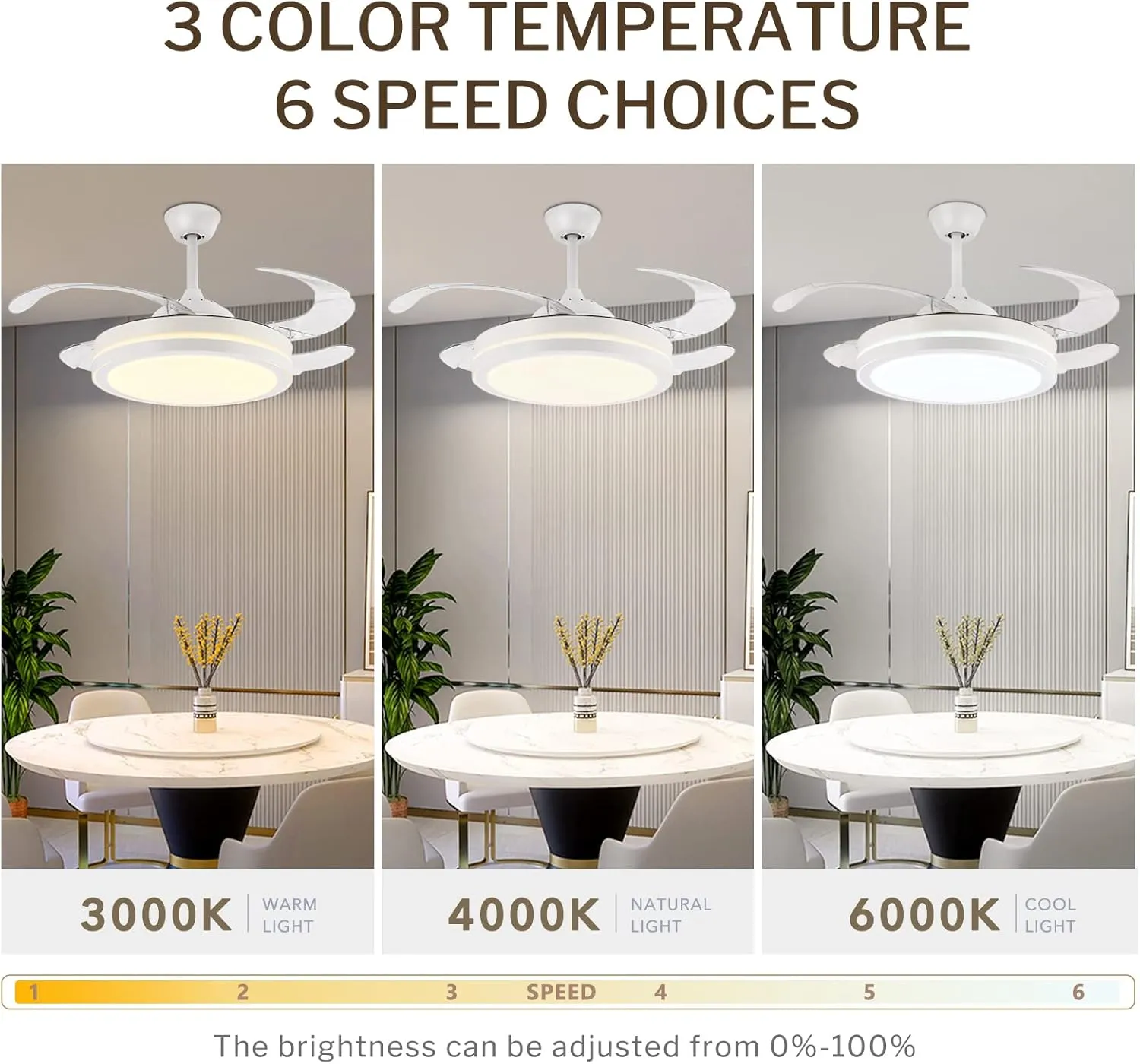 STERREN 42 Inch Retractable Ceiling Fans with Lights,Modern Bladeless LED Ceiling Fan Lights with Remote Control, Smart White Bedroom Ceiling Fan with Light