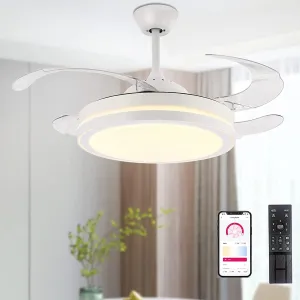 STERREN 42 Inch Retractable Ceiling Fans with Lights,Modern Bladeless LED Ceiling Fan Lights with Remote Control, Smart White Bedroom Ceiling Fan with Light App-controlled remote fan for convenience