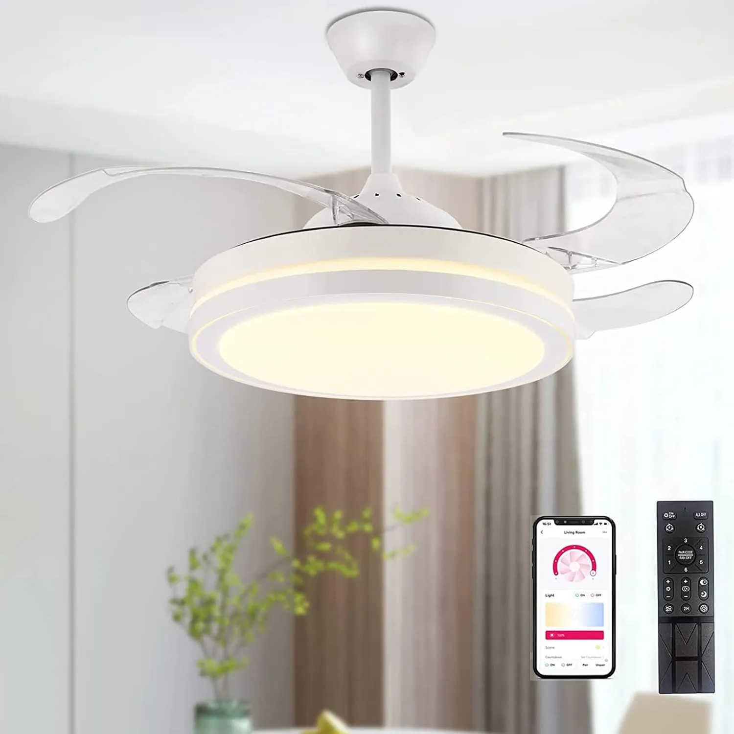 STERREN 42 Inch Retractable Ceiling Fans with Lights,Modern Bladeless LED Ceiling Fan Lights with Remote Control, Smart White Bedroom Ceiling Fan with Light App-controlled remote fan for convenience