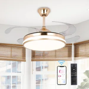 STERREN Retractable Gold Ceiling Fan with Lights, 42 inch Modern Low Profile Bladeless LED Ceiling Fan for Bedroom Living Room App-controlled remote fan for convenience