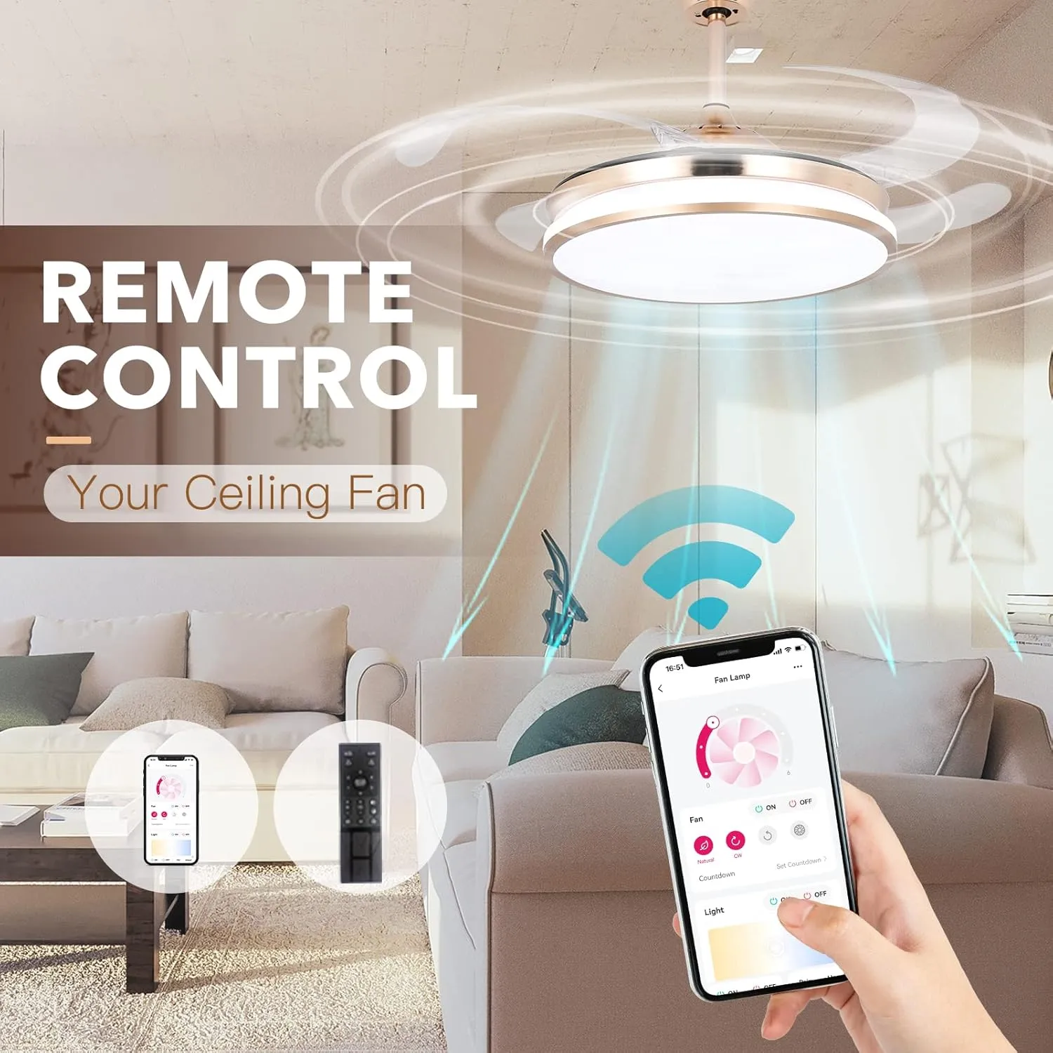 STERREN Retractable Gold Ceiling Fan with Lights, 42 inch Modern Low Profile Bladeless LED Ceiling Fan for Bedroom Living Room
