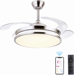 STERREN Retractable Ceiling Fans with Lights,42 Inch Modern Low Profile Bladeless LED Ceiling Fan Lights with Remote Control Smart Brushed Nickel Ceiling Fan for Bedroom Living Room App-controlled remote fan for convenience