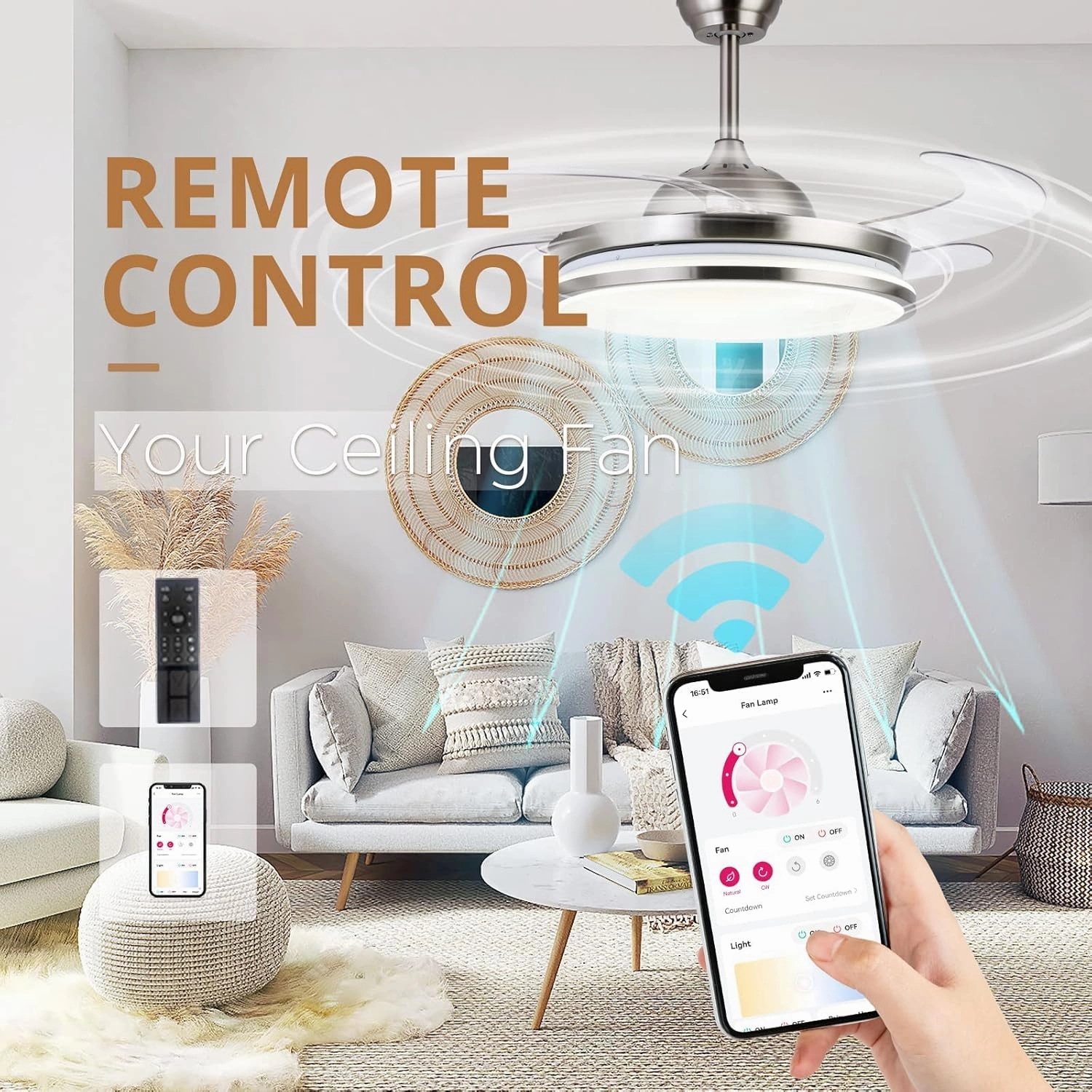 STERREN Retractable Ceiling Fans with Lights,42 Inch Modern Low Profile Bladeless LED Ceiling Fan Lights with Remote Control Smart Brushed Nickel Ceiling Fan for Bedroom Living Room