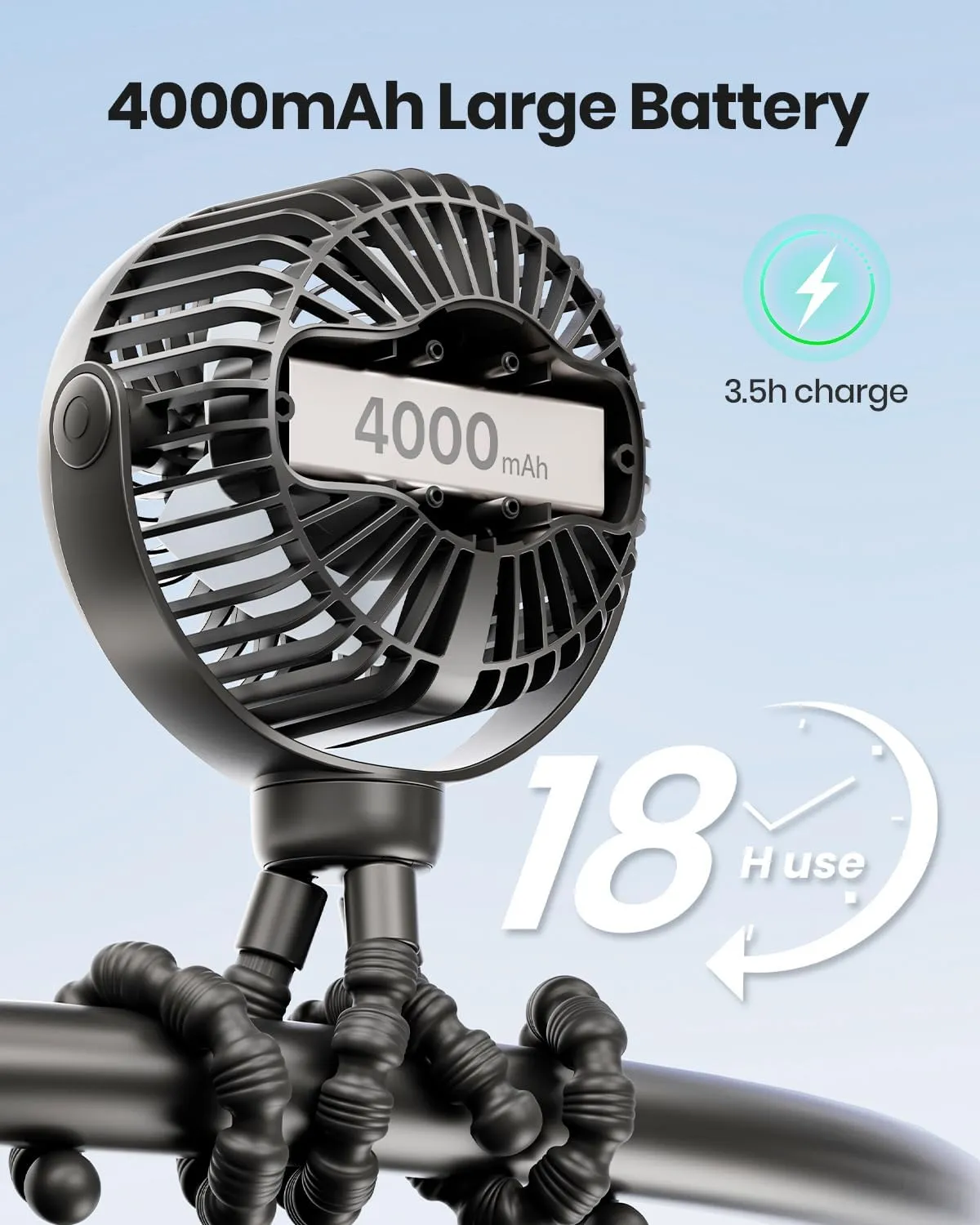 Stroller fan, 4000mAh Portable Battery Operated Smal Clip on Fan, 4 Speed Rechargeable Mini Personal Cooling, Travel for Baby Car Seat Crib (Black)