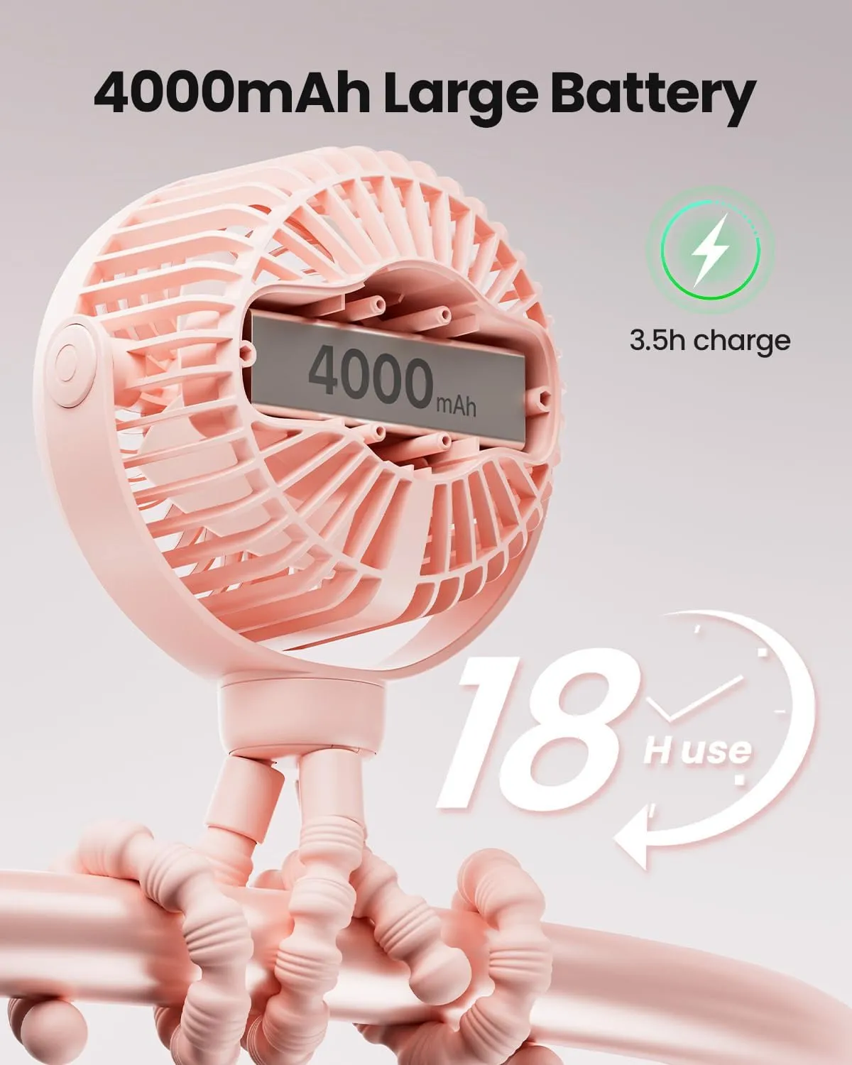 Stroller fan, 4000mAh Portable Battery Operated Smal Clip on Fan, 4 Speed Rechargeable Mini Personal Cooling, Travel for Baby Car Seat Crib (Pink)