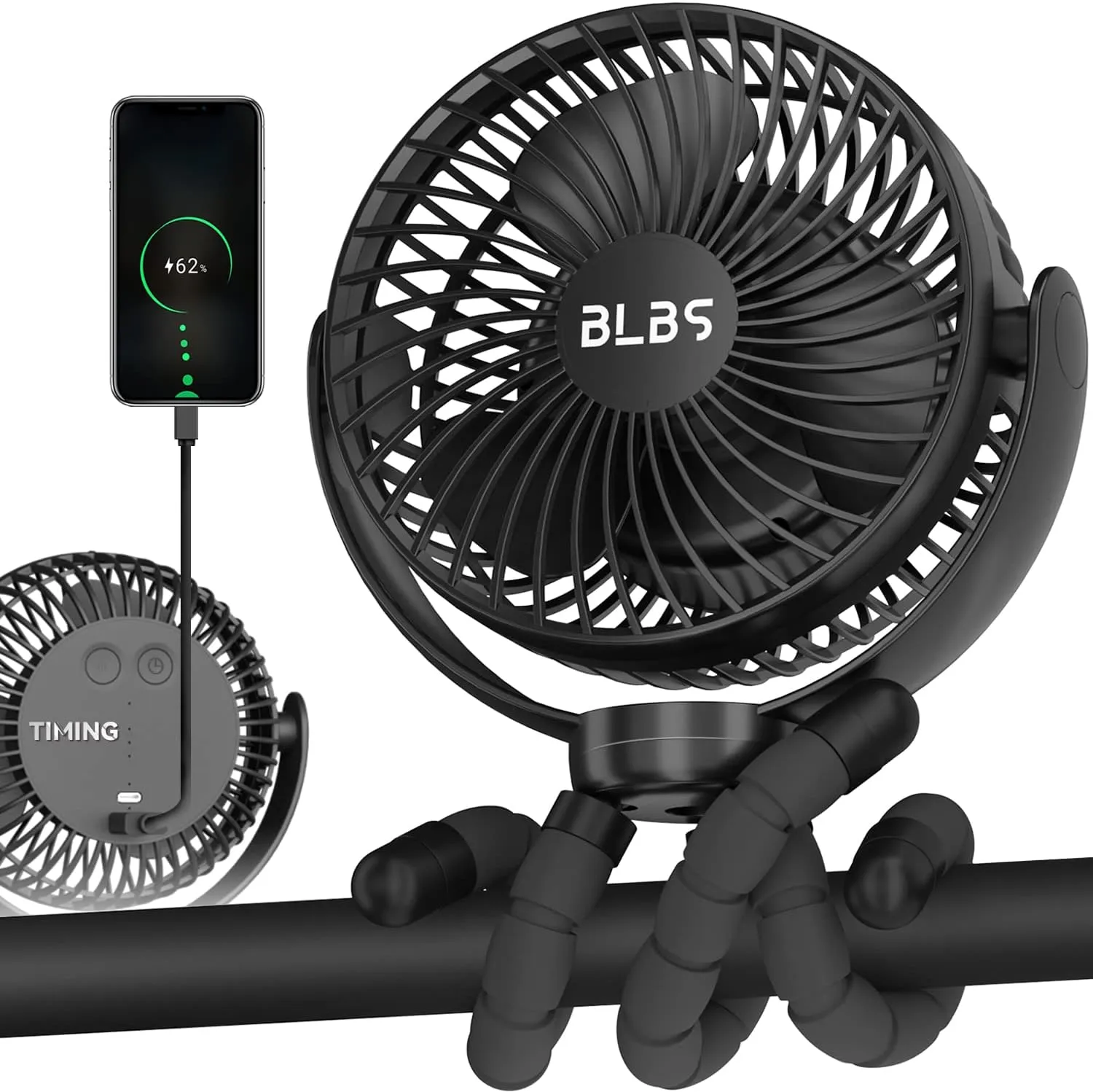 Stroller Fan - 65Hrs 12600mAh Rechargeable, Timing Car Seat, Portable Clip On Battery Operated for Baby, Peloton, Treadmill, Golf Cart, Beach, Bed, Dog Battery-powered portable fan