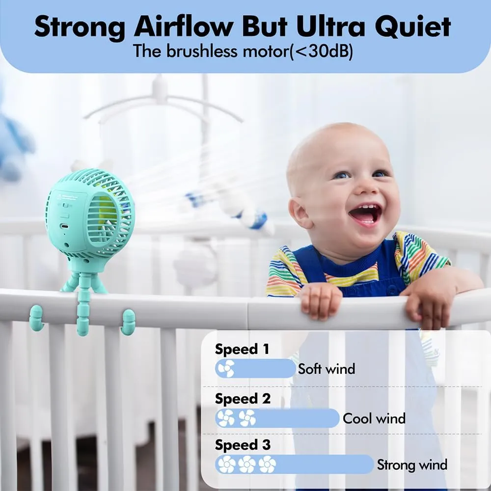 Stroller Fan Clip - Battery Operated Portable 360 Rotate Car Seat Fan, USB Rechargeable for Crib, Treadmill, Travel