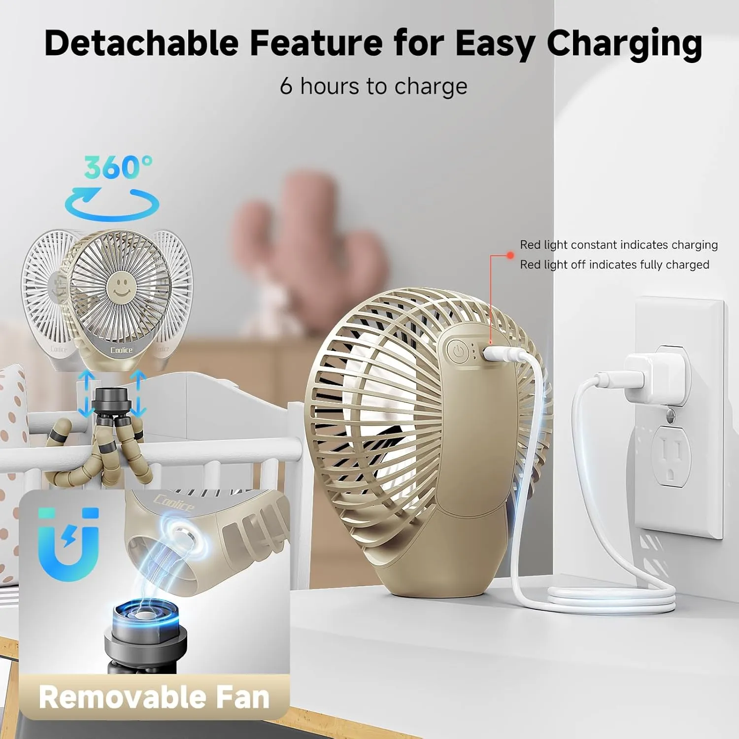Stroller Fan Clip on for Baby, 30Hrs Removable Fan for Strollers and Car Seat, 3 Speeds Baby Stroller Fans, Rechargeable Portable Fans for Strollers with Flexible Tripod for Beach, Camping and Hiking
