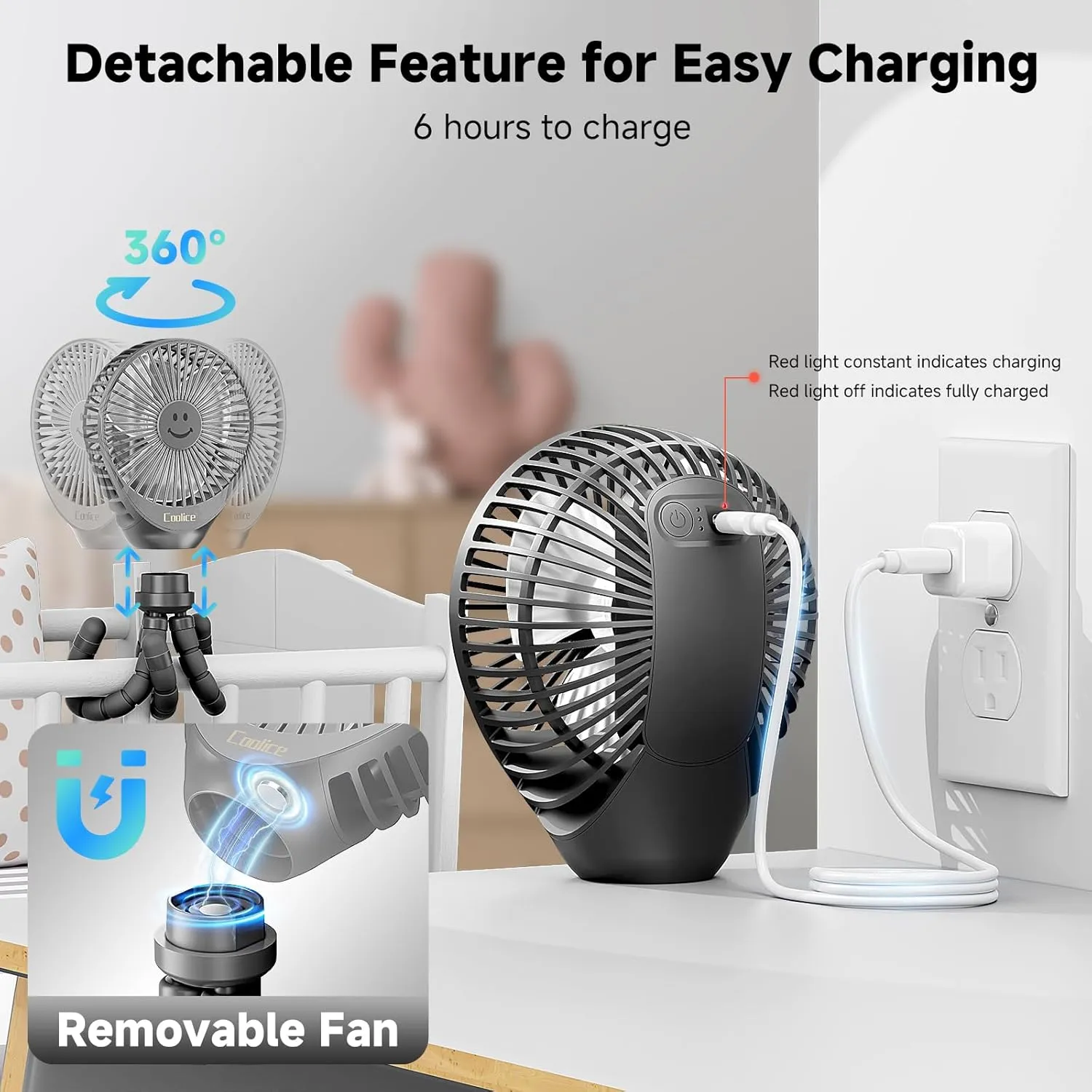 Stroller Fan Clip on for Baby, 30Hrs Removable Fan for Strollers and Car Seat, 3 Speeds Baby Stroller Fans, Rechargeable Portable Fans for Strollers with Flexible Tripod for Camping, Hiking and Beach