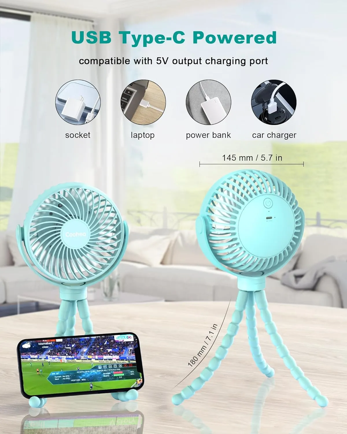Stroller Fan Clip on for Baby, 4000mAh Rechargeable Battery Operated, Flexible Tripod, 3 Wind Speed, 360 Rotatable, Small Cooling Portable Fan for Car Seat Crib Bike Travel Beach, Blue
