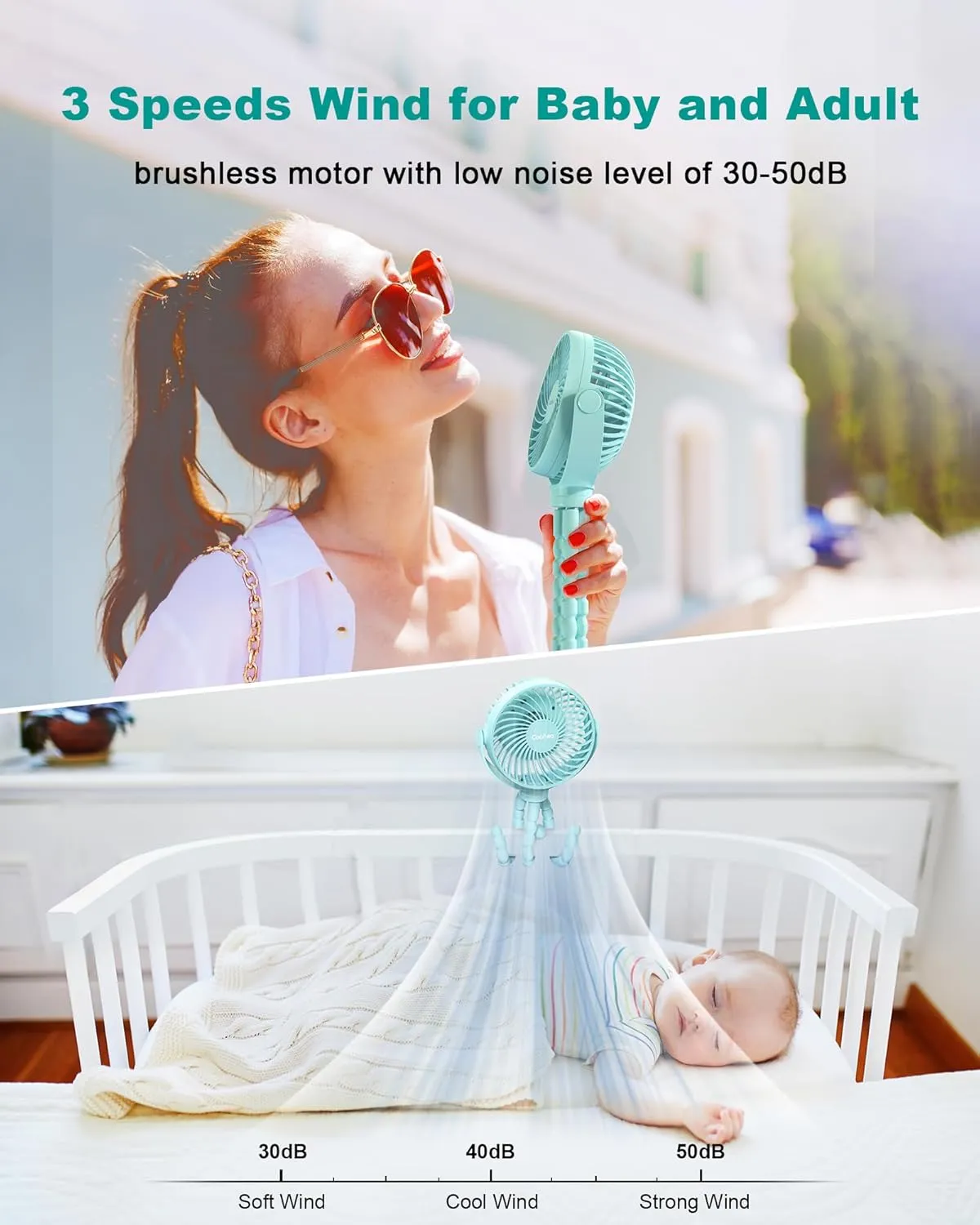 Stroller Fan Clip on for Baby, 4000mAh Rechargeable Battery Operated, Flexible Tripod, 3 Wind Speed, 360 Rotatable, Small Cooling Portable Fan for Car Seat Crib Bike Travel Beach, Blue