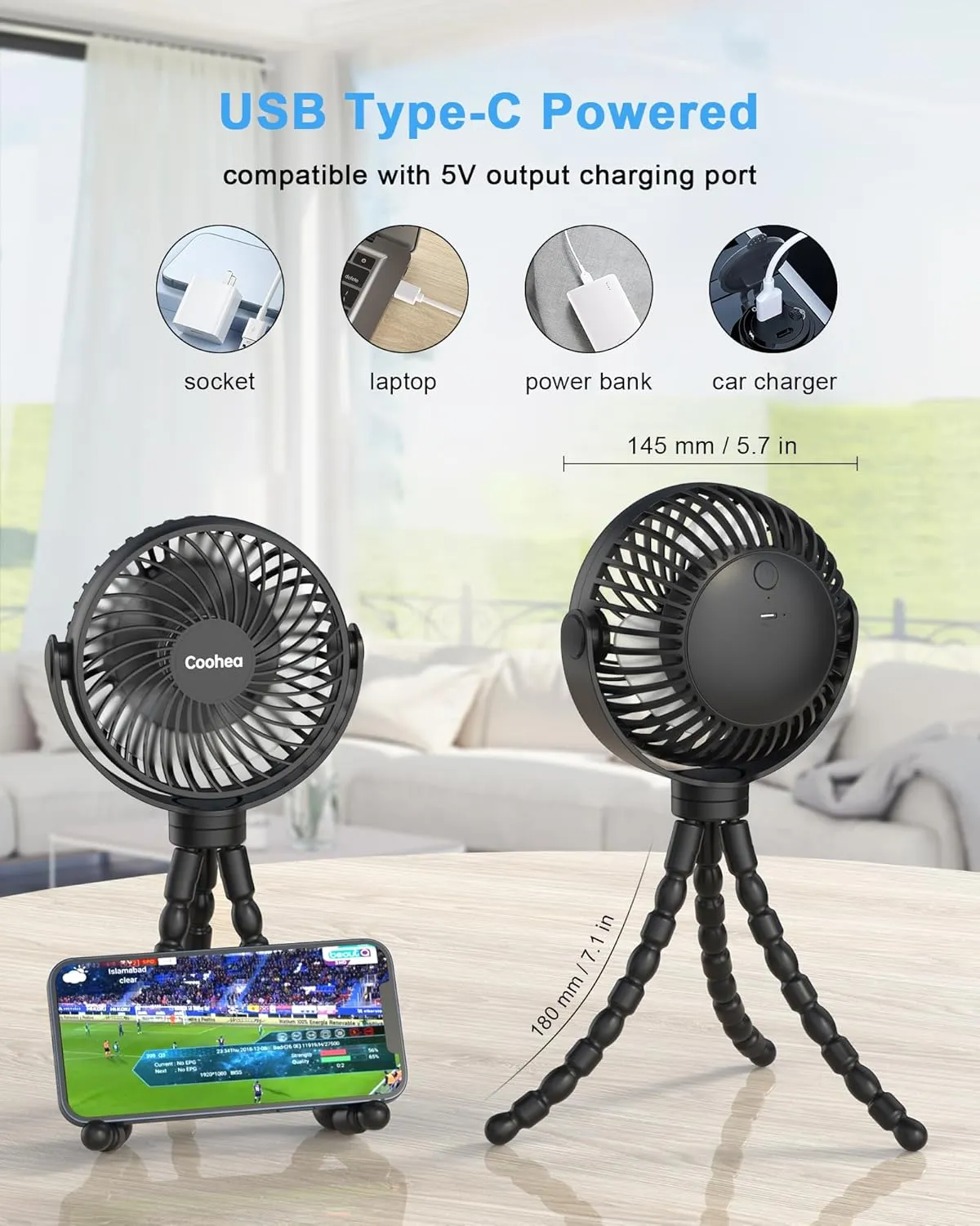 Stroller Fan Clip on for Baby, 4000mAh Rechargeable Battery Operated, Flexible Tripod, 3 Wind Speed, 360 Rotatable, Small Cooling Portable Fan for Car Seat Crib Golf Cart Bike Treadmill, Black