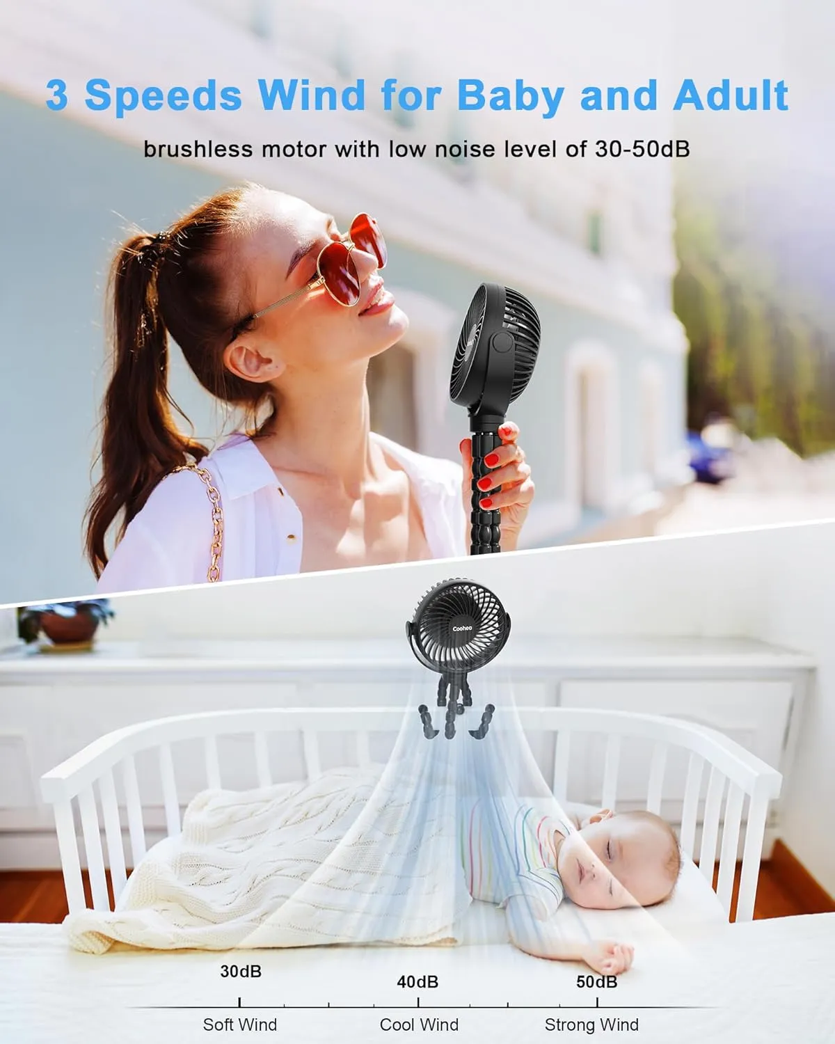 Stroller Fan Clip on for Baby, 4000mAh Rechargeable Battery Operated, Flexible Tripod, 3 Wind Speed, 360 Rotatable, Small Cooling Portable Fan for Car Seat Crib Golf Cart Bike Treadmill, Black