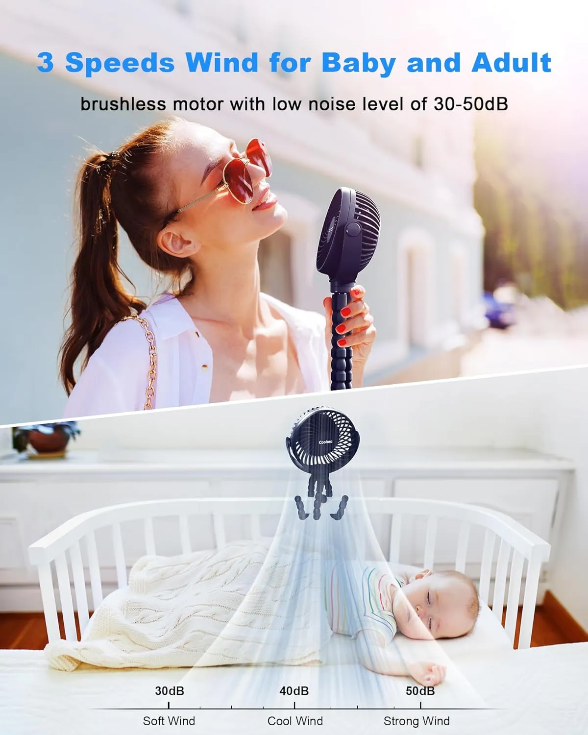 Stroller Fan Clip on for Baby, 4000mAh Rechargeable Battery Operated, Flexible Tripod, 3 Wind Speed, 360 Rotatable, Small Cooling Portable Fan for Car Seat Crib Golf Cart Treadmill, Navy Blue