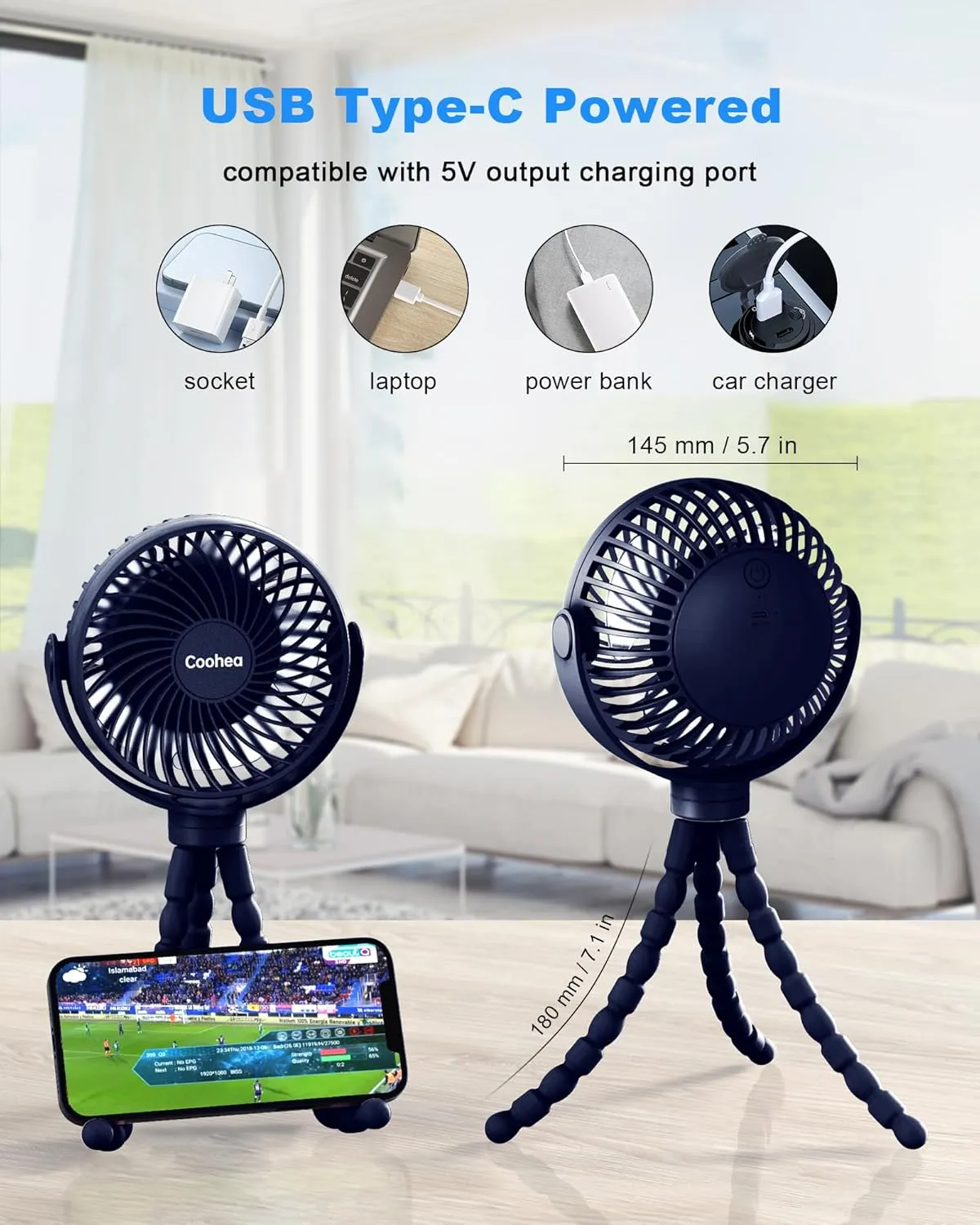 Stroller Fan Clip on for Baby, 4000mAh Rechargeable Battery Operated, Flexible Tripod, 3 Wind Speed, 360 Rotatable, Small Cooling Portable Fan for Car Seat Crib Golf Cart Treadmill, Navy Blue
