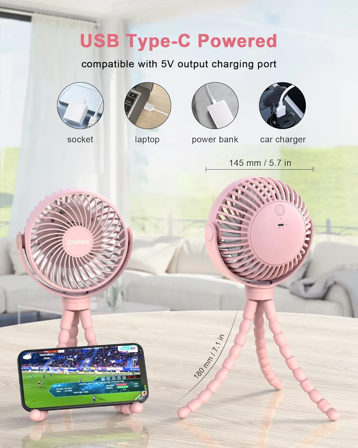 Stroller Fan Clip on for Baby, 4000mAh Rechargeable Battery Operated, Flexible Tripod, 3 Wind Speed, 360 Rotatable, Small Portable Fan for Car Seat Crib Backseat Beach Travel Camping, Pink