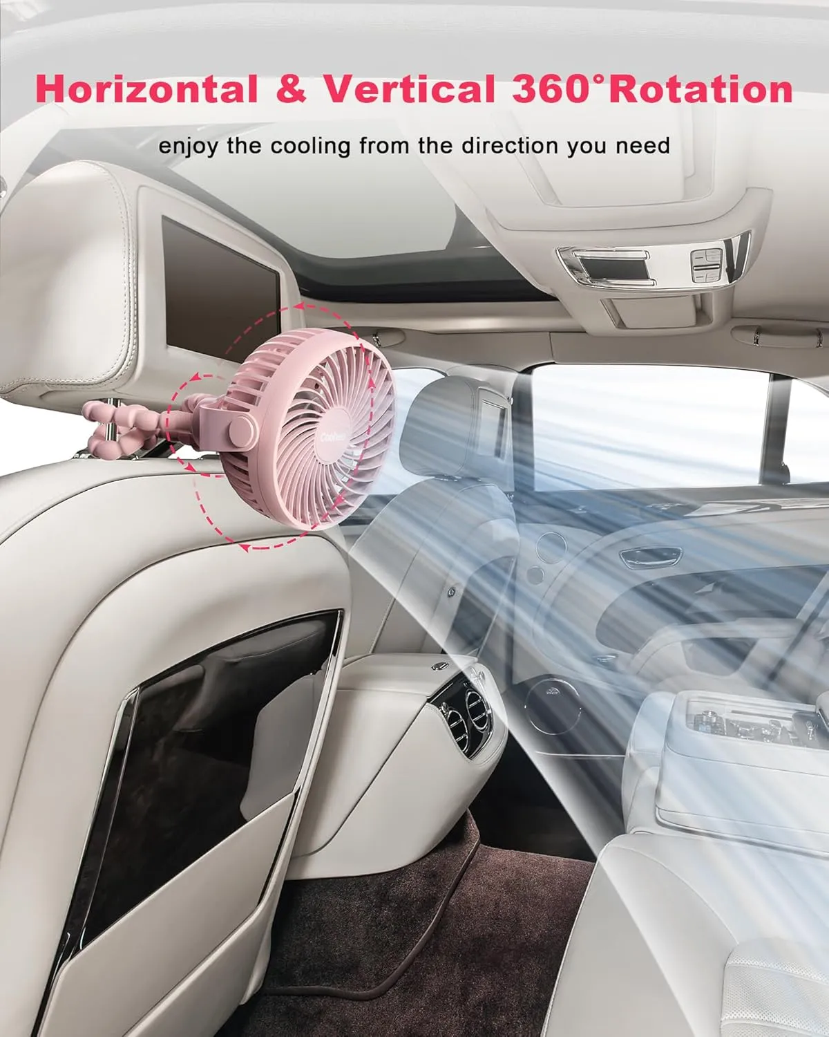Stroller Fan Clip on for Baby, 4000mAh Rechargeable Battery Operated, Flexible Tripod, 3 Wind Speed, 360 Rotatable, Small Portable Fan for Car Seat Crib Backseat Beach Travel Camping, Pink