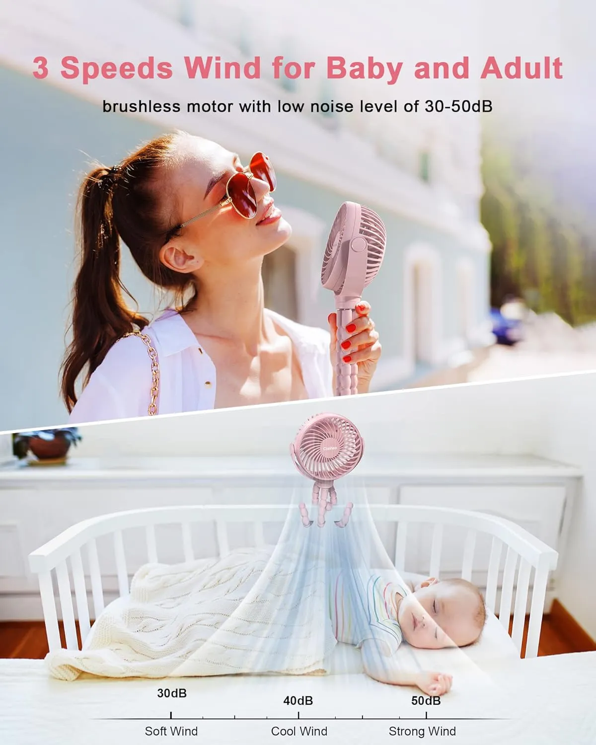 Stroller Fan Clip on for Baby, 4000mAh Rechargeable Battery Operated, Flexible Tripod, 3 Wind Speed, 360 Rotatable, Small Portable Fan for Car Seat Crib Backseat Beach Travel Camping, Pink