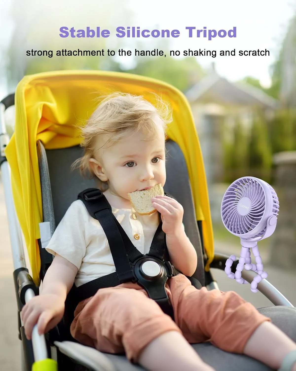 Stroller Fan Clip on for Baby, 4000mAh Rechargeable Battery Operated, Flexible Tripod, 3 Wind Speed, 360 Rotatable, Small Portable Fan for Car Seat Crib Backseat Beach Travel Camping, Purple