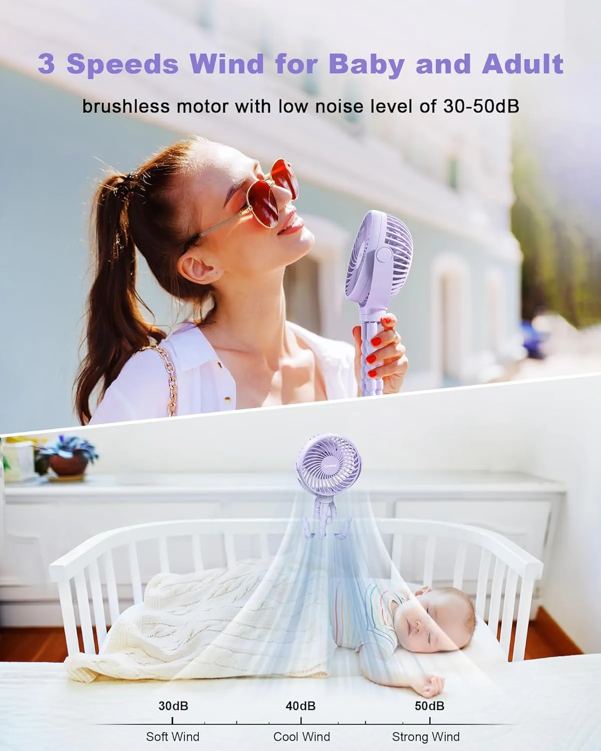 Stroller Fan Clip on for Baby, 4000mAh Rechargeable Battery Operated, Flexible Tripod, 3 Wind Speed, 360 Rotatable, Small Portable Fan for Car Seat Crib Backseat Beach Travel Camping, Purple