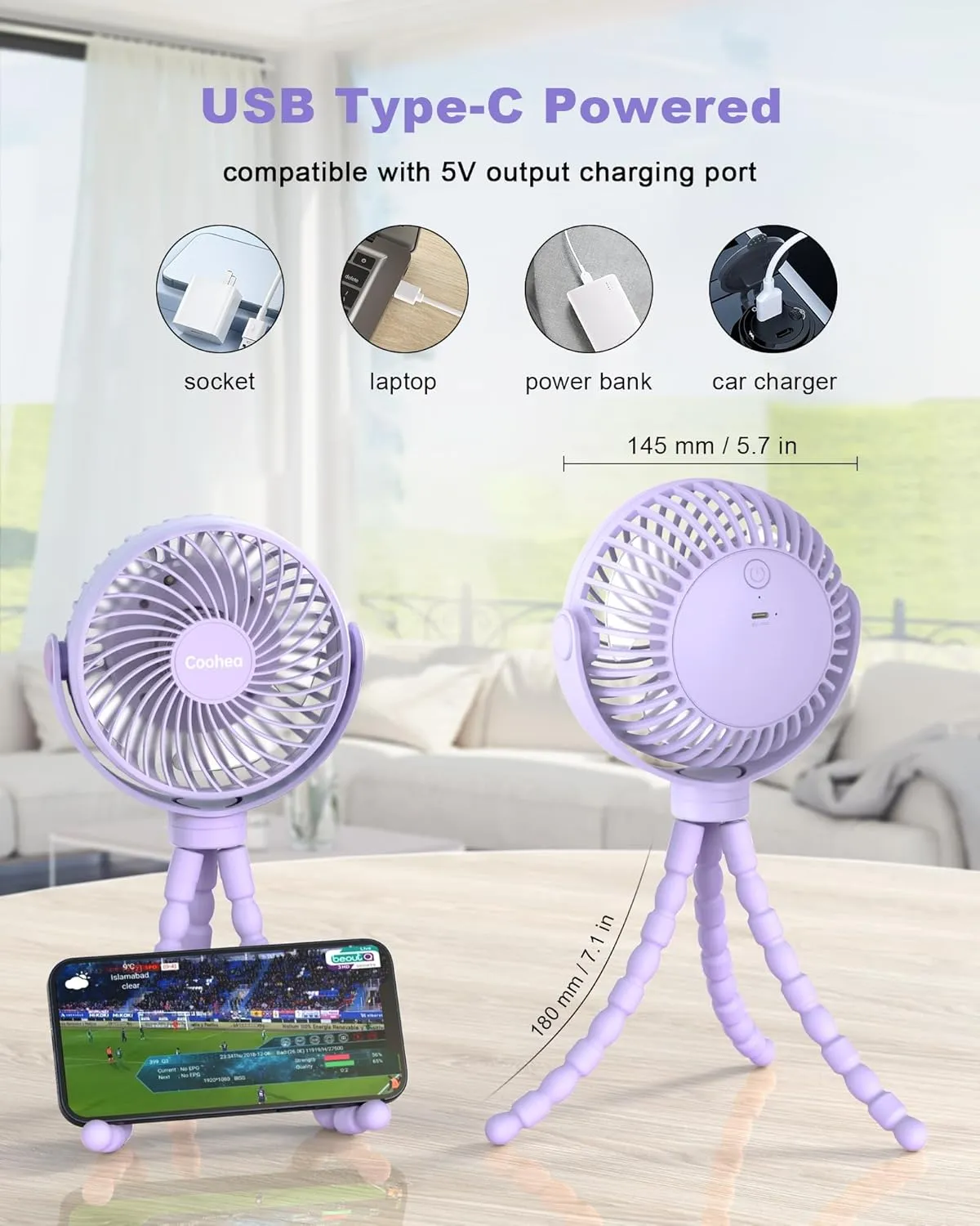 Stroller Fan Clip on for Baby, 4000mAh Rechargeable Battery Operated, Flexible Tripod, 3 Wind Speed, 360 Rotatable, Small Portable Fan for Car Seat Crib Backseat Beach Travel Camping, Purple