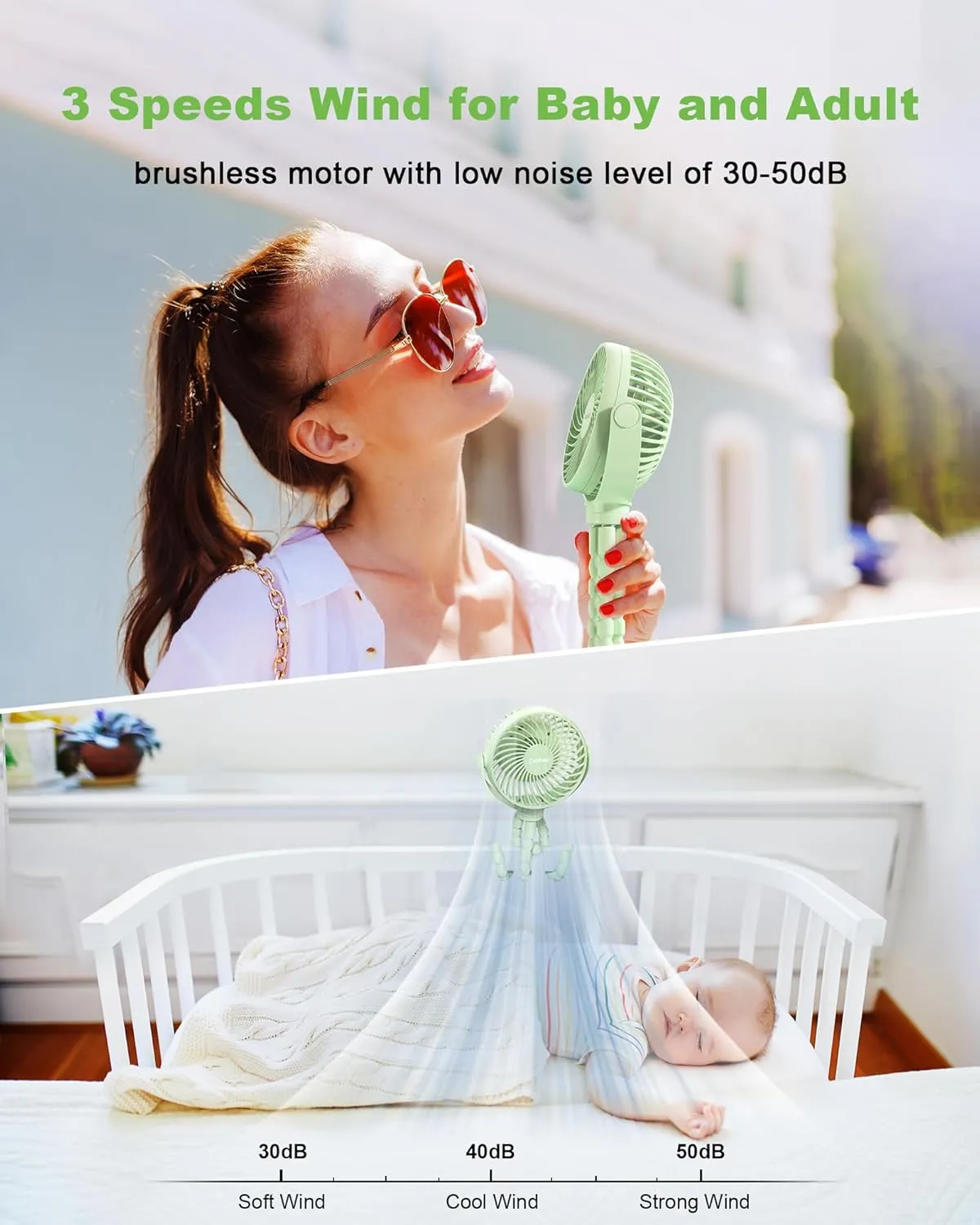 Stroller Fan Clip on for Baby, 4000mAh Rechargeable Battery Operated, Flexible Tripod, 3 Wind Speed, 360 Rotatable, Small Portable Fan for Car Seat Crib Golf Cart Beach Travel, Green