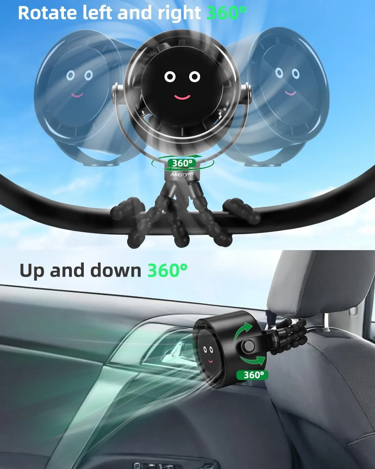 Stroller Fan Portable, Personal Fan for Travel, Air Turbo Tech & Digital display, Detachable 5 Speeds Rechargeable 360 Rotate Flexible Tripod Fan, For Home Office Stroller Camping - Black