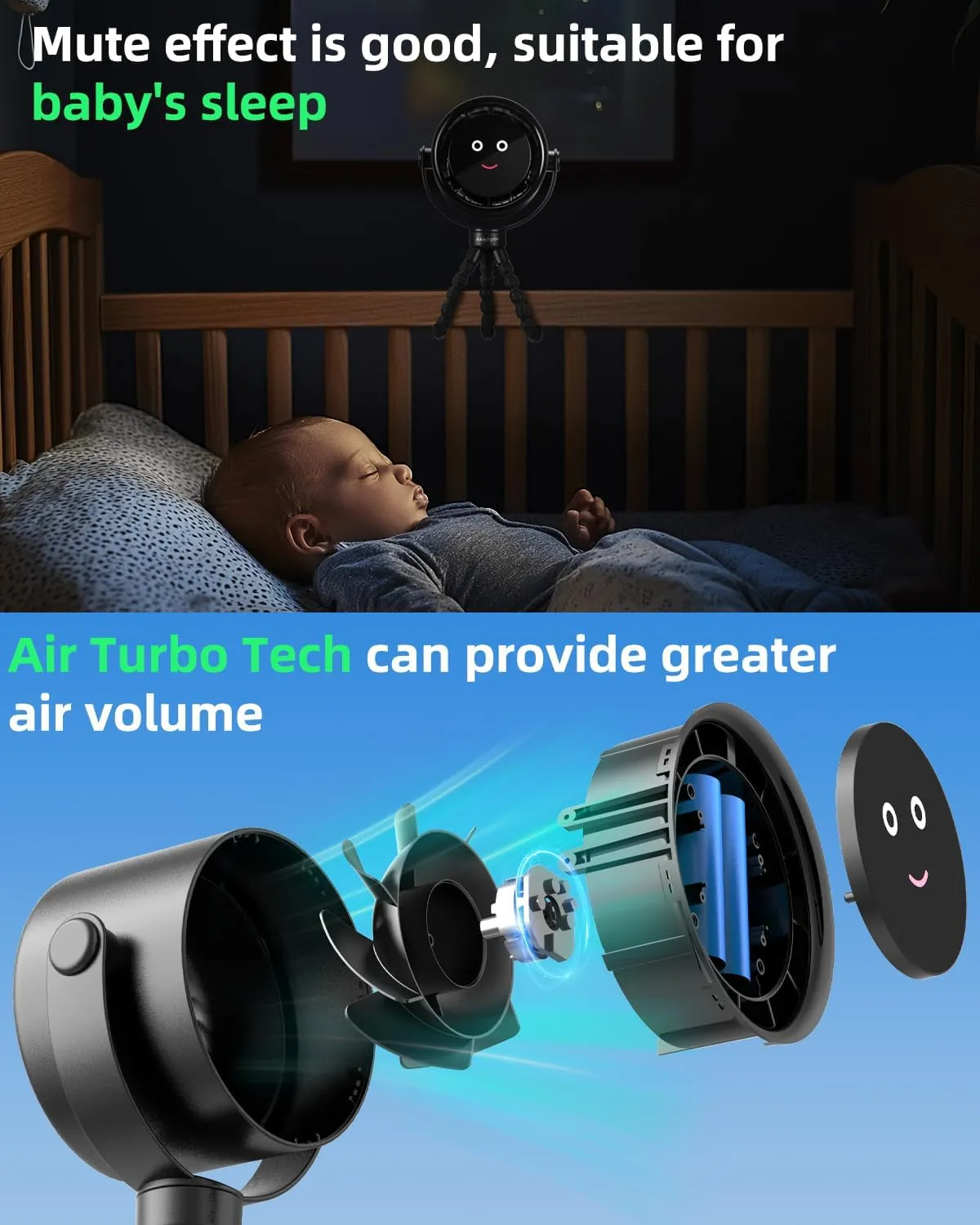 Stroller Fan Portable, Personal Fan for Travel, Air Turbo Tech & Digital display, Detachable 5 Speeds Rechargeable 360 Rotate Flexible Tripod Fan, For Home Office Stroller Camping - Black