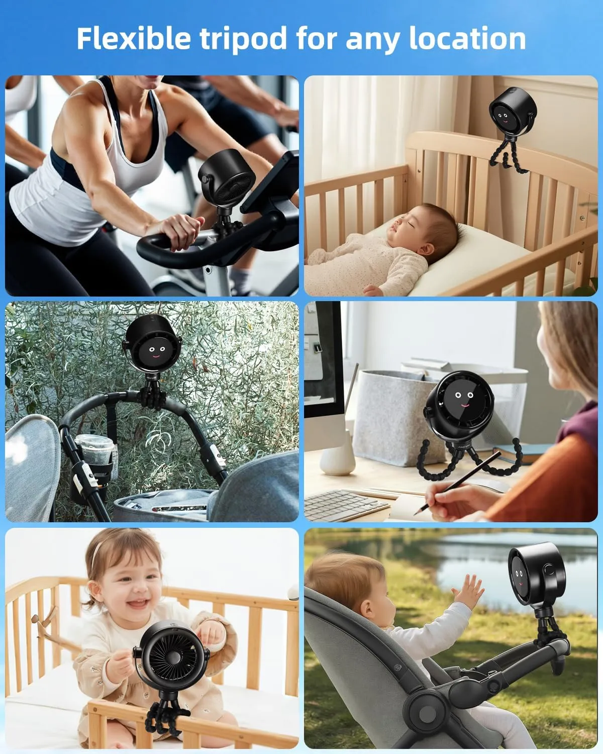 Stroller Fan Portable, Personal Fan for Travel, Air Turbo Tech & Digital display, Detachable 5 Speeds Rechargeable 360 Rotate Flexible Tripod Fan, For Home Office Stroller Camping - Black