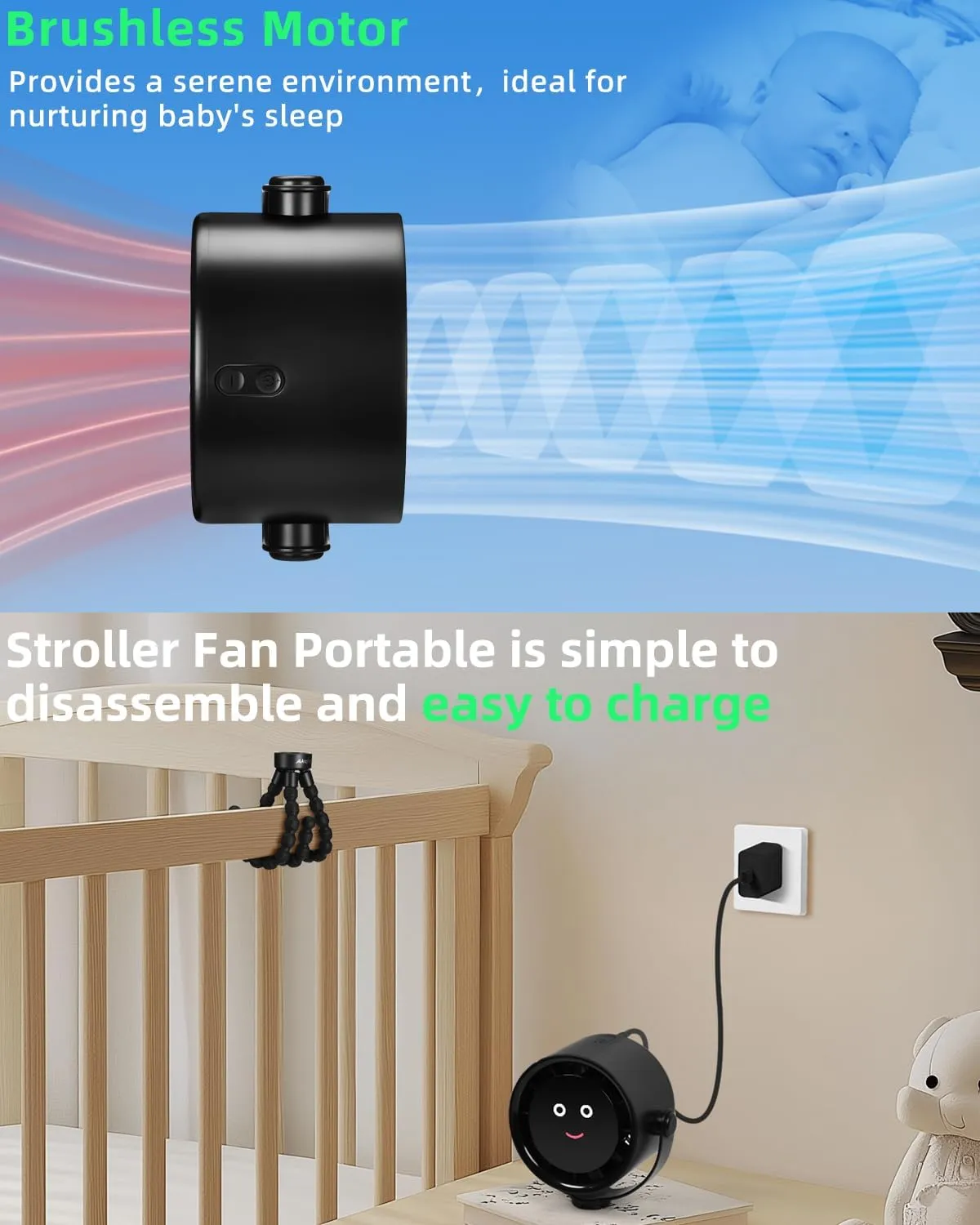 Stroller Fan Portable, Personal Fan for Travel, Air Turbo Tech & Digital display, Detachable 5 Speeds Rechargeable 360 Rotate Flexible Tripod Fan, For Home Office Stroller Camping - Black