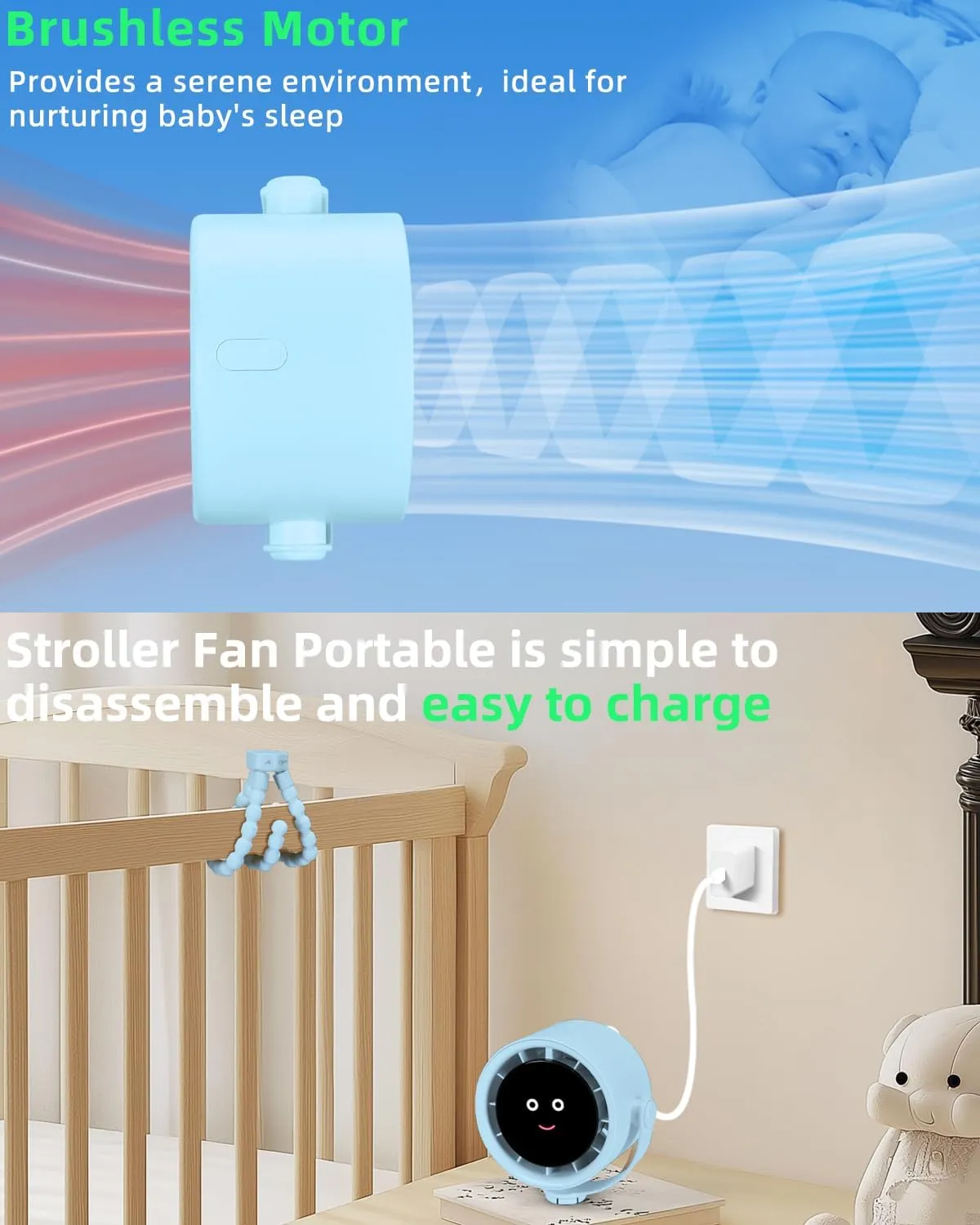 Stroller Fan Portable, Personal Fan for Travel, Air Turbo Tech & Digital display, Detachable 5 Speeds Rechargeable 360 Rotate Flexible Tripod Fan, For Home Office Stroller Camping - Blue