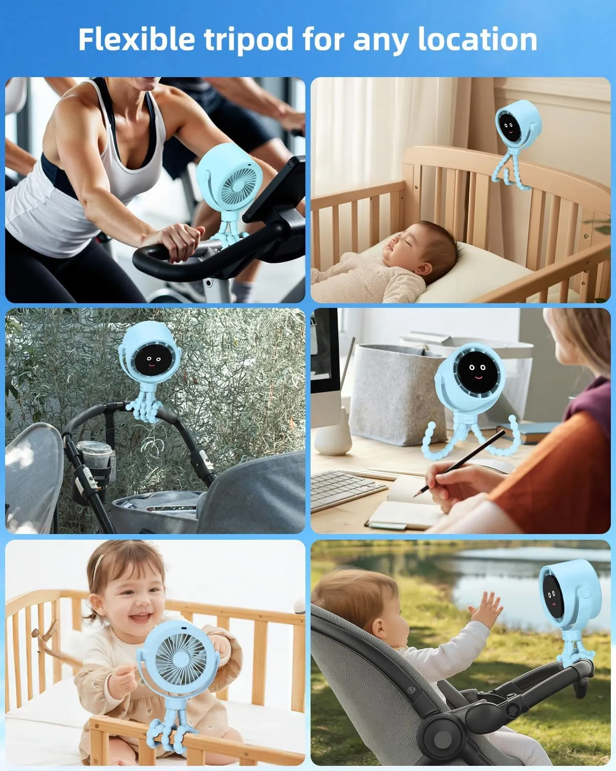 Stroller Fan Portable, Personal Fan for Travel, Air Turbo Tech & Digital display, Detachable 5 Speeds Rechargeable 360 Rotate Flexible Tripod Fan, For Home Office Stroller Camping - Blue