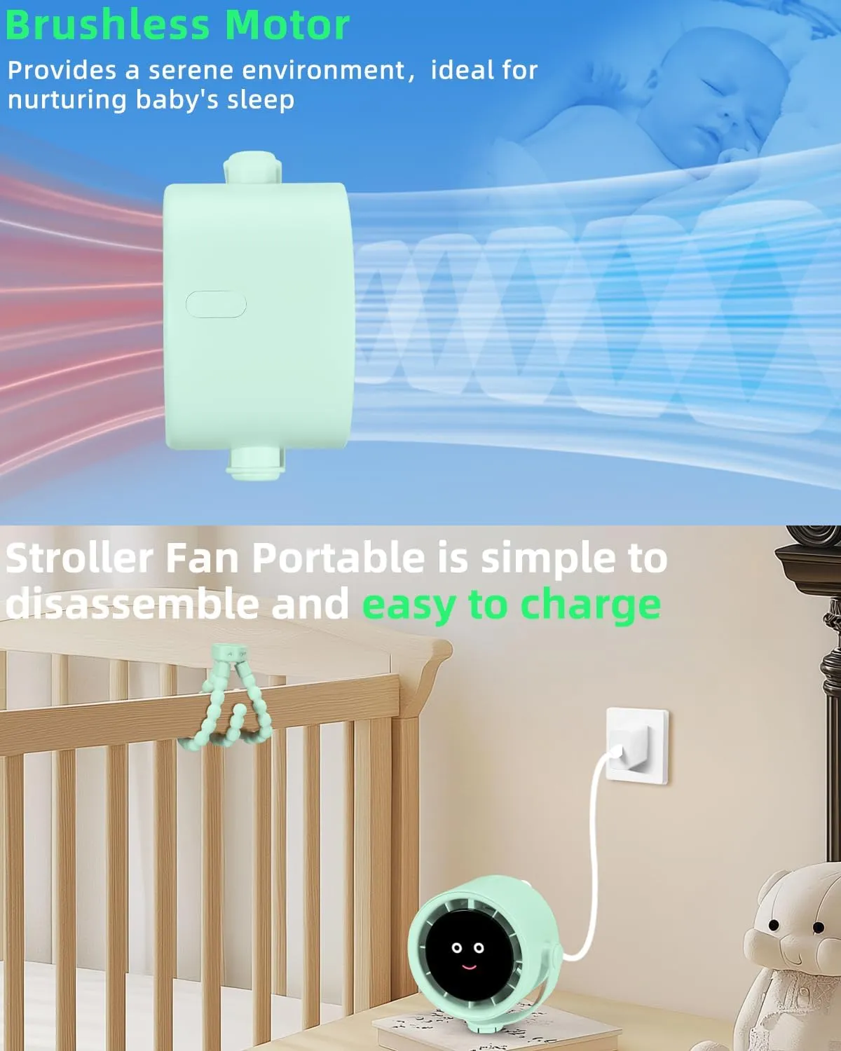 Stroller Fan Portable, Personal Fan for Travel, Air Turbo Tech & Digital display, Detachable 5 Speeds Rechargeable 360 Rotate Flexible Tripod Fan, For Home Office Stroller Camping - Green
