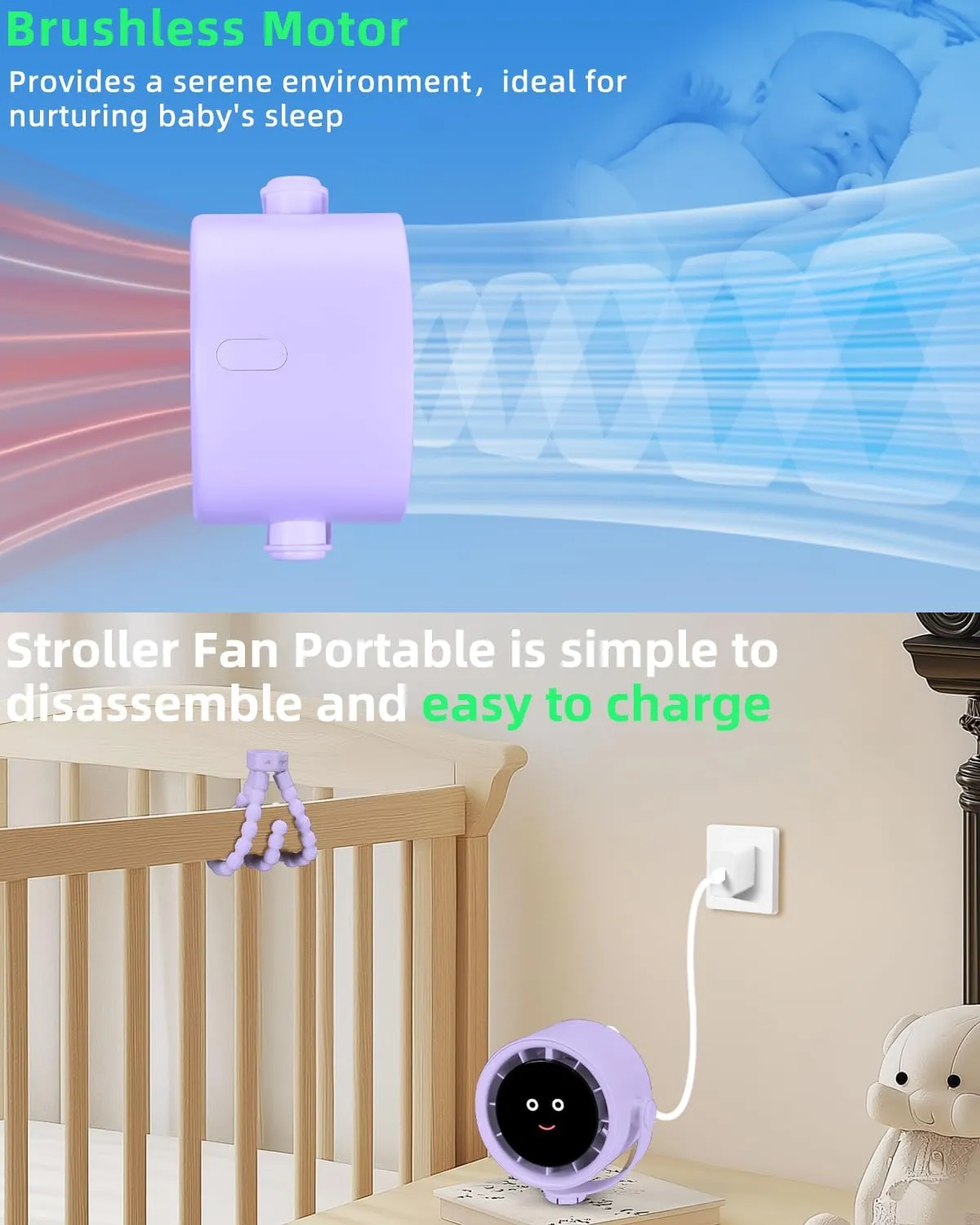 Stroller Fan Portable, Personal Fan for Travel, Air Turbo Tech & Digital display, Detachable 5 Speeds Rechargeable 360 Rotate Flexible Tripod Fan, For Home Office Stroller Camping - Purple
