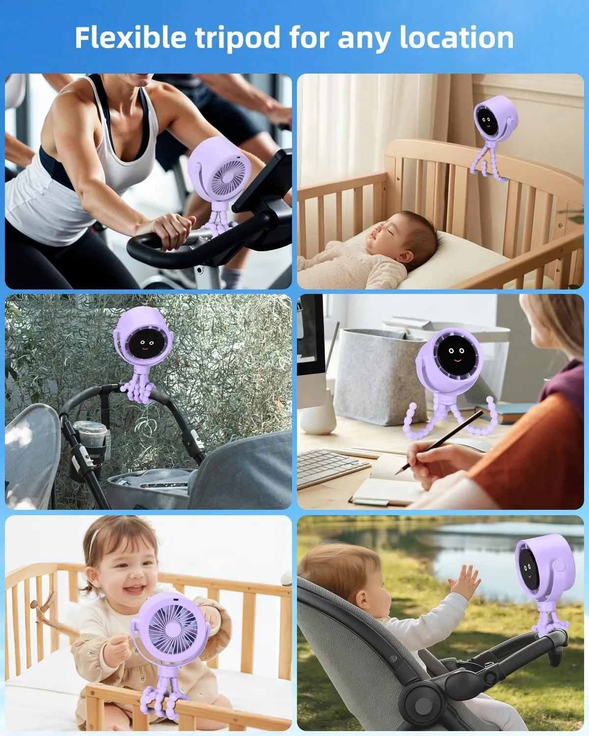 Stroller Fan Portable, Personal Fan for Travel, Air Turbo Tech & Digital display, Detachable 5 Speeds Rechargeable 360 Rotate Flexible Tripod Fan, For Home Office Stroller Camping - Purple