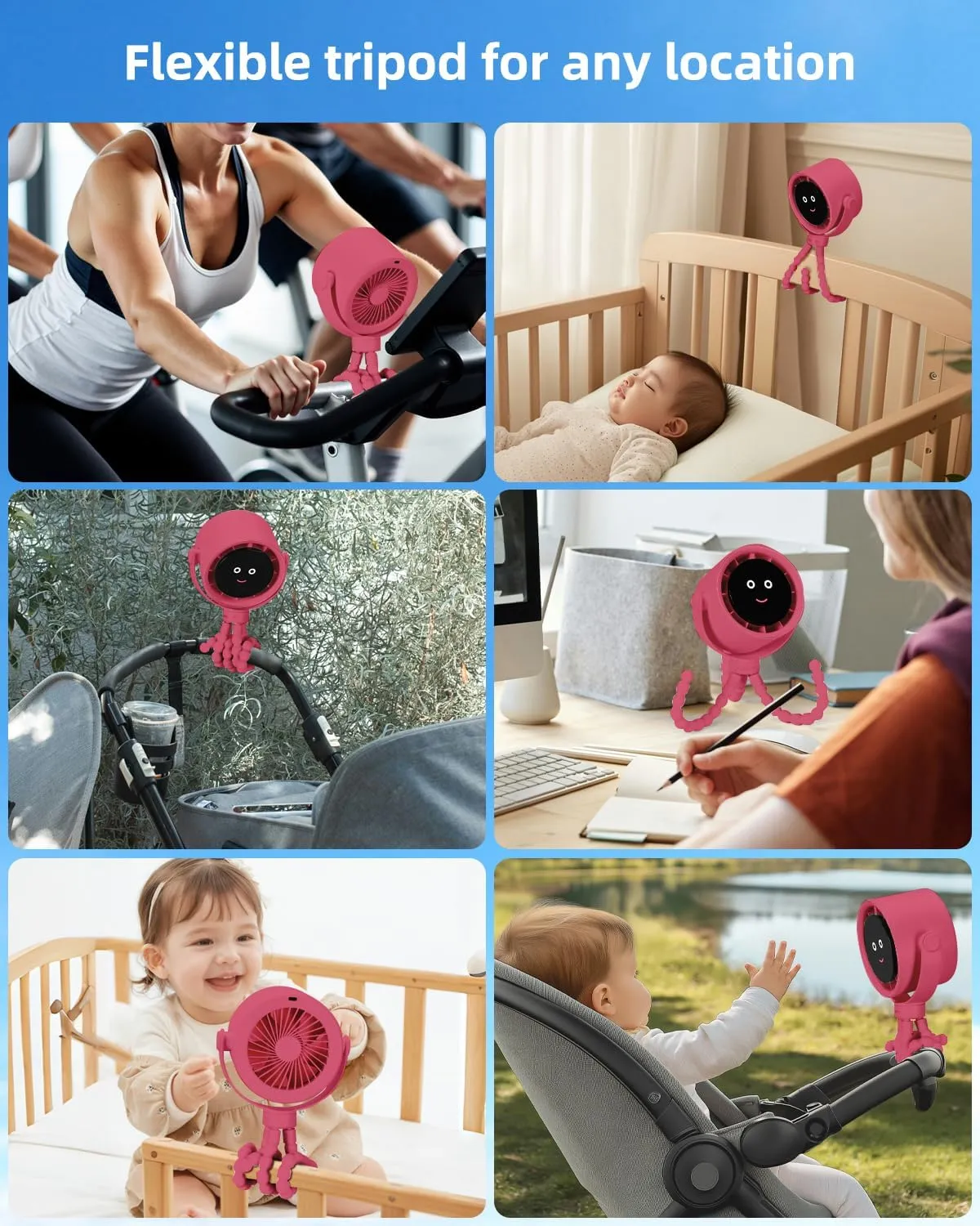Stroller Fan Portable, Personal Fan for Travel, Air Turbo Tech & Digital display, Detachable 5 Speeds Rechargeable 360 Rotate Flexible Tripod, For Home Office Stroller Camping - Red