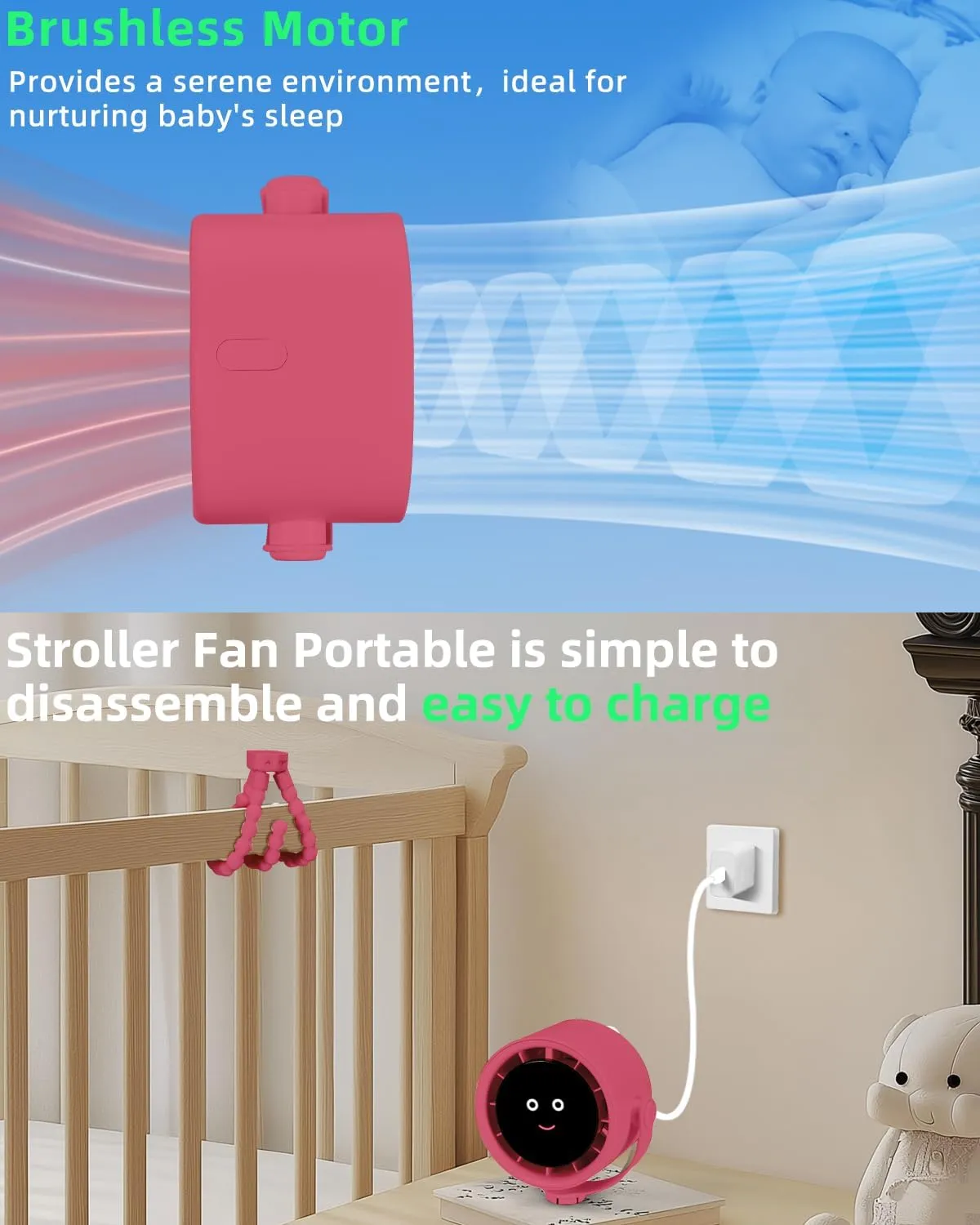 Stroller Fan Portable, Personal Fan for Travel, Air Turbo Tech & Digital display, Detachable 5 Speeds Rechargeable 360 Rotate Flexible Tripod, For Home Office Stroller Camping - Red