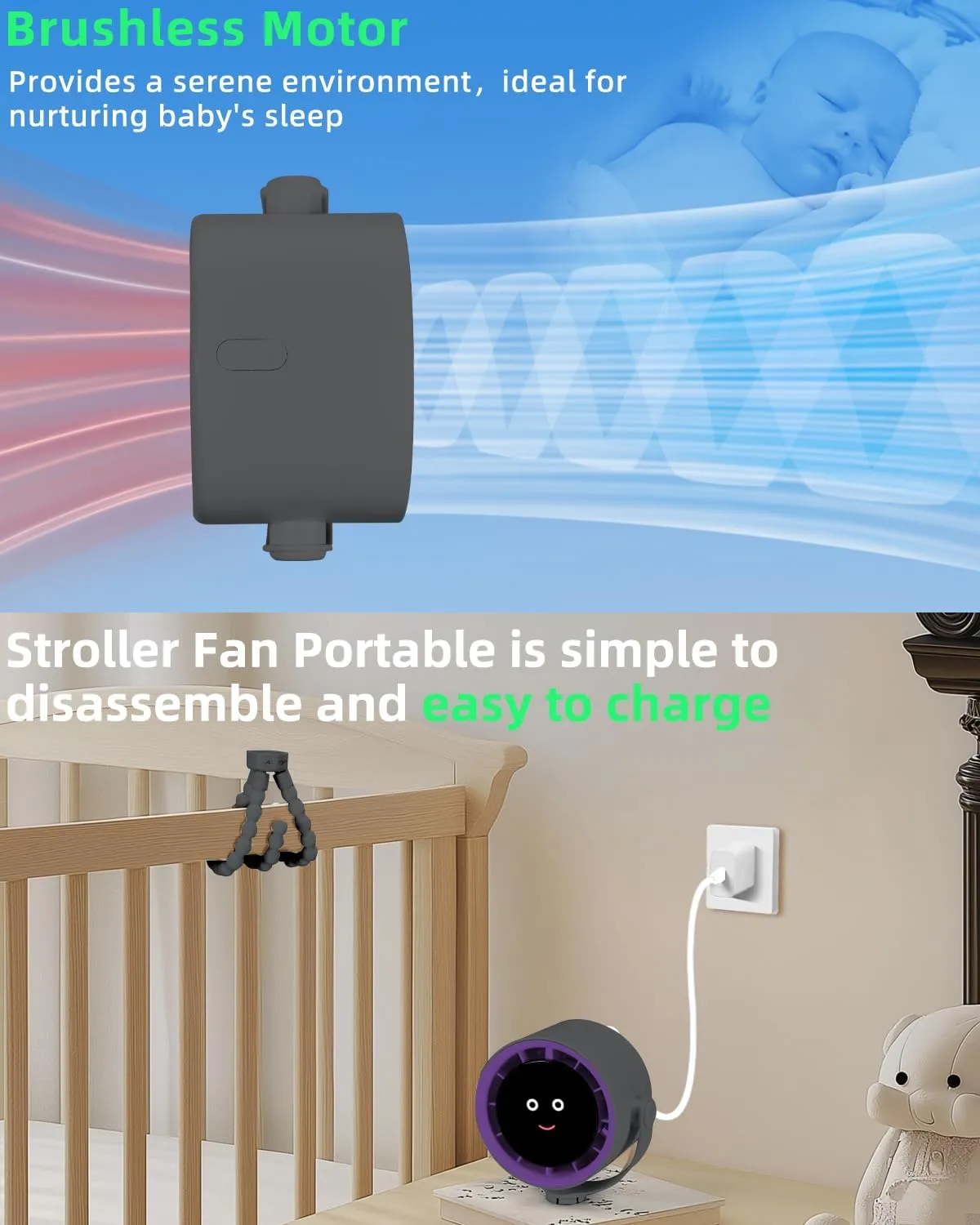 Stroller Fan Portable, Personal Fan for Travel, Air Turbo Tech & Digital display, Detachable 5 Speeds Rechargeable 360 Rotate Flexible Tripod, For Home Office Stroller (Grey)