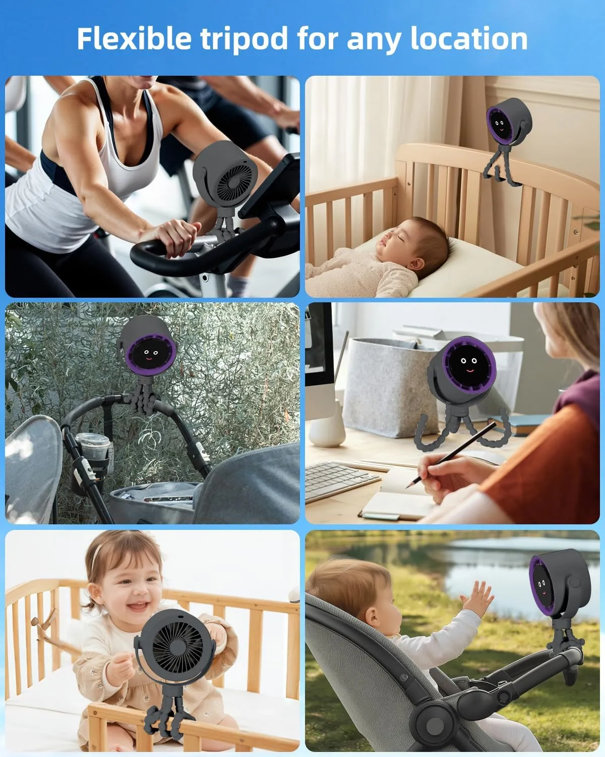 Stroller Fan Portable, Personal Fan for Travel, Air Turbo Tech & Digital display, Detachable 5 Speeds Rechargeable 360 Rotate Flexible Tripod, For Home Office Stroller (Grey)