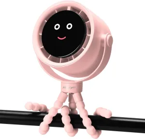 Stroller Fan Portable, Personal Fan for Travel, Air Turbo Tech & Digital display, Detachable 5 Speeds Rechargeable 360 Rotate Flexible Tripod, For Home Office Stroller (Pink) 360-degree rotating fan for home use