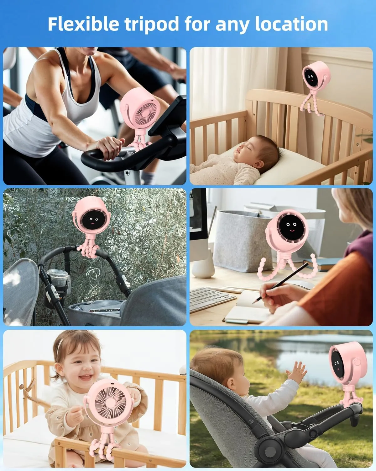 Stroller Fan Portable, Personal Fan for Travel, Air Turbo Tech & Digital display, Detachable 5 Speeds Rechargeable 360 Rotate Flexible Tripod, For Home Office Stroller (Pink)