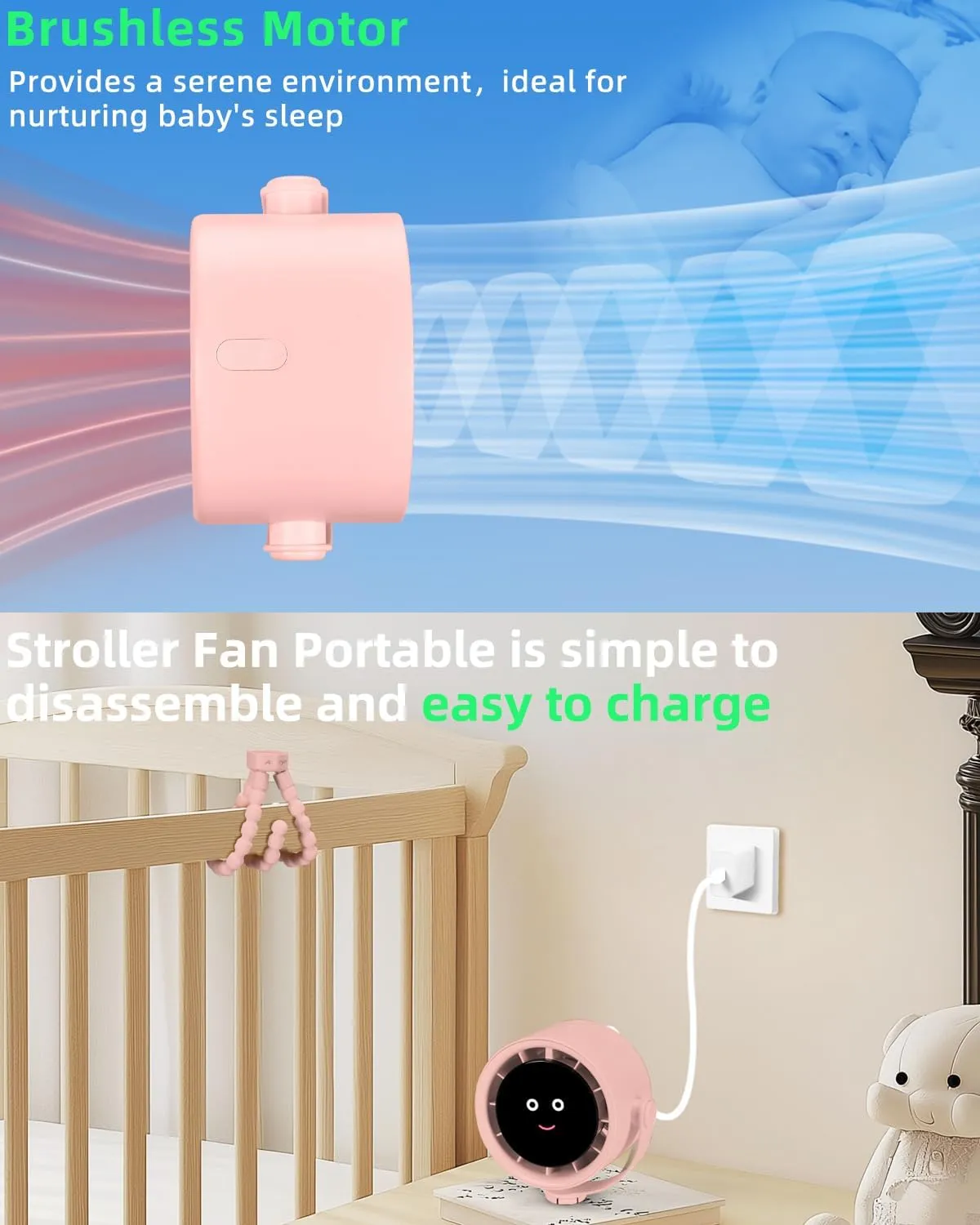 Stroller Fan Portable, Personal Fan for Travel, Air Turbo Tech & Digital display, Detachable 5 Speeds Rechargeable 360 Rotate Flexible Tripod, For Home Office Stroller (Pink)