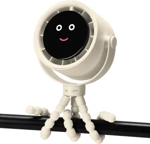 Stroller Fan Portable, Personal Fan for Travel, Air Turbo Tech&Digital display, Detachable 5 Speeds Rechargeable 360 Rotate Flexible Tripod Fan, For Home Office Stroller Camping - Rice White 360-degree rotating fan for home use