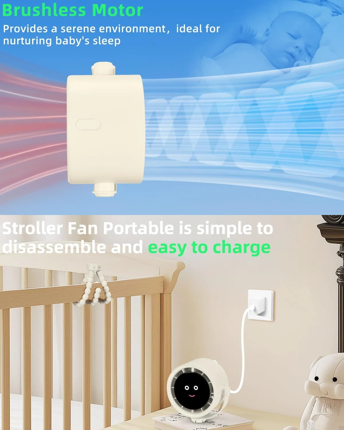 Stroller Fan Portable, Personal Fan for Travel, Air Turbo Tech&Digital display, Detachable 5 Speeds Rechargeable 360 Rotate Flexible Tripod Fan, For Home Office Stroller Camping - Rice White