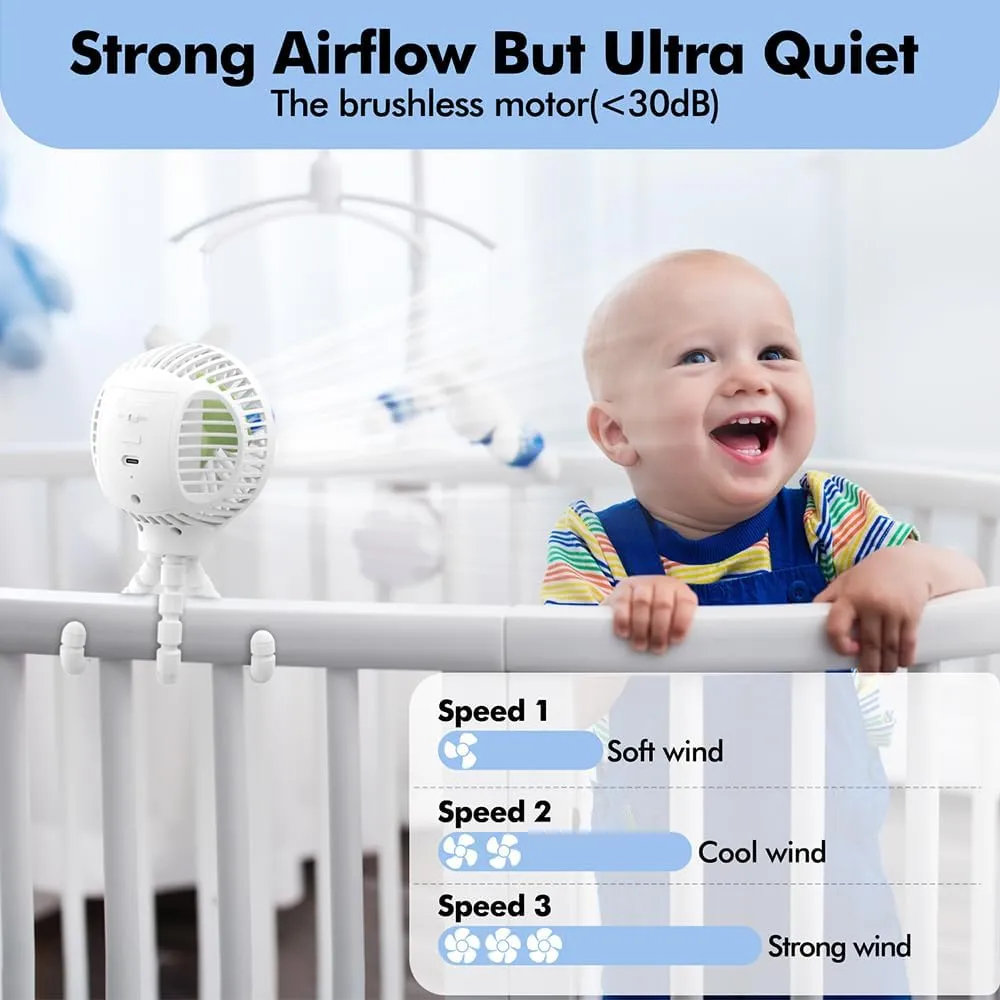 Stroller Fan Rechargeable, Battery Operated Clip On Portable 360 Rotate Baby Car Seat USB Handheld Cooling Fan for Crib Treadmill Travel
