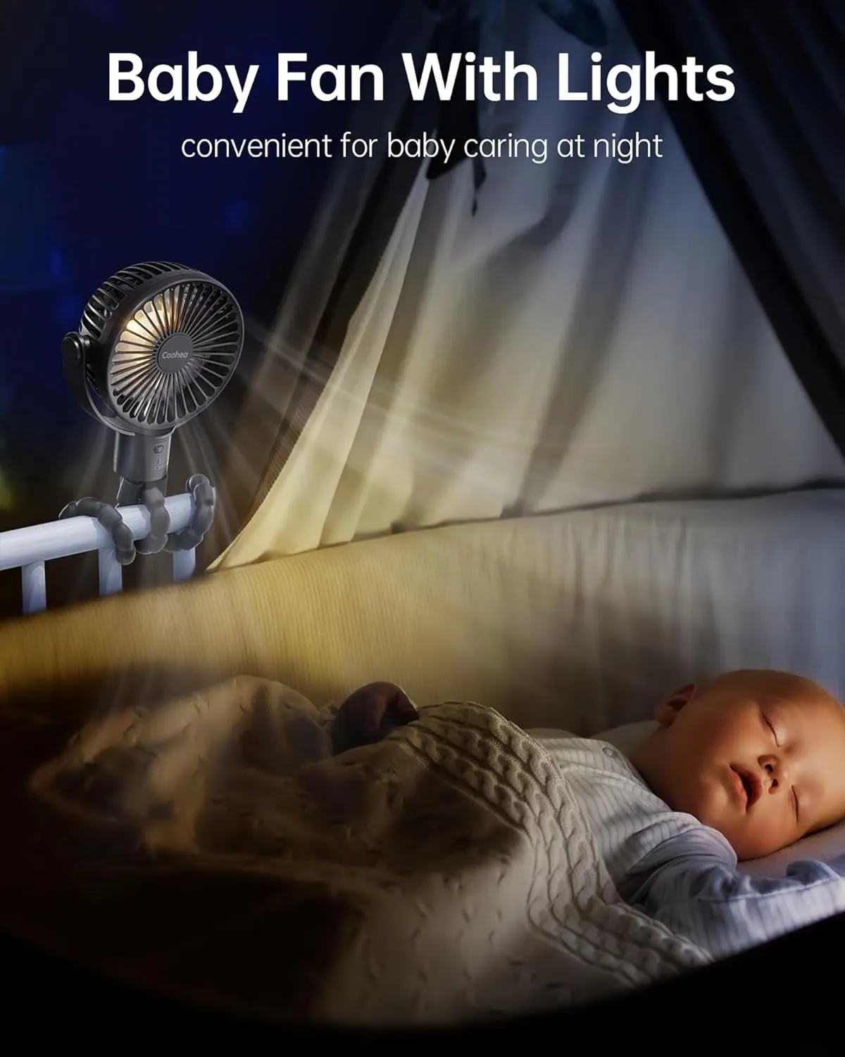 Stroller Fan Rechargeable Battery Powered Portable Fans, Head Detachable 360 Rotatable Clip on Fan, 3 Speed Quiet Small Mini Fans with Light Night for Carseat, Bed, Crib, Bike, Travel, Black