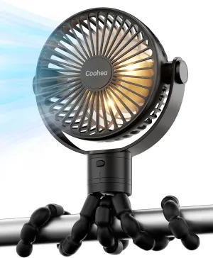 Stroller Fan Rechargeable Battery Powered Portable Fans, Head Detachable 360 Rotatable Clip on Fan, 3 Speed Quiet Small Mini Fans with Light Night for Carseat, Bed, Crib, Bike, Travel, Black Rear-mounted fan for childrens safety