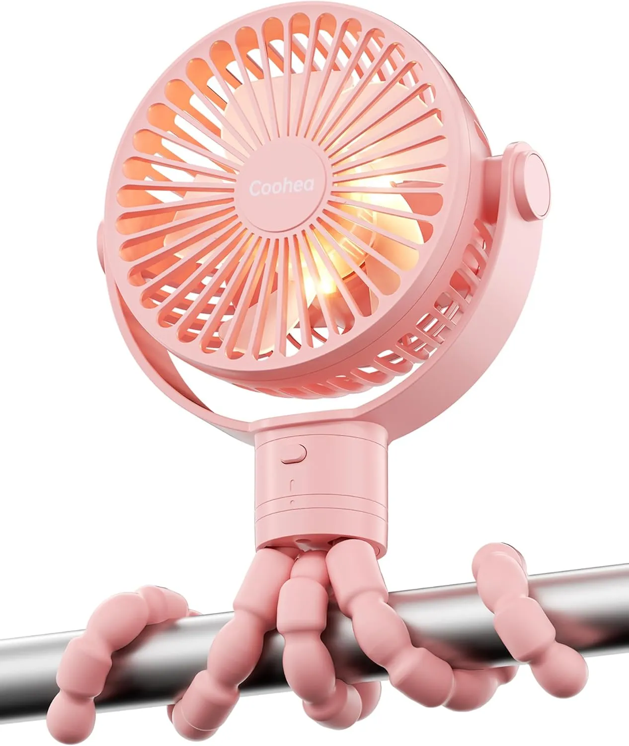 Stroller Fan Rechargeable Battery Powered Portable Fans, Head Detachable 360 Rotatable Clip on Fan, 3 Speed Quiet Small Mini Fans with Light Night for Carseat, Bed, Crib, Bike, Travel, Pink Rear-mounted fan for childrens safety