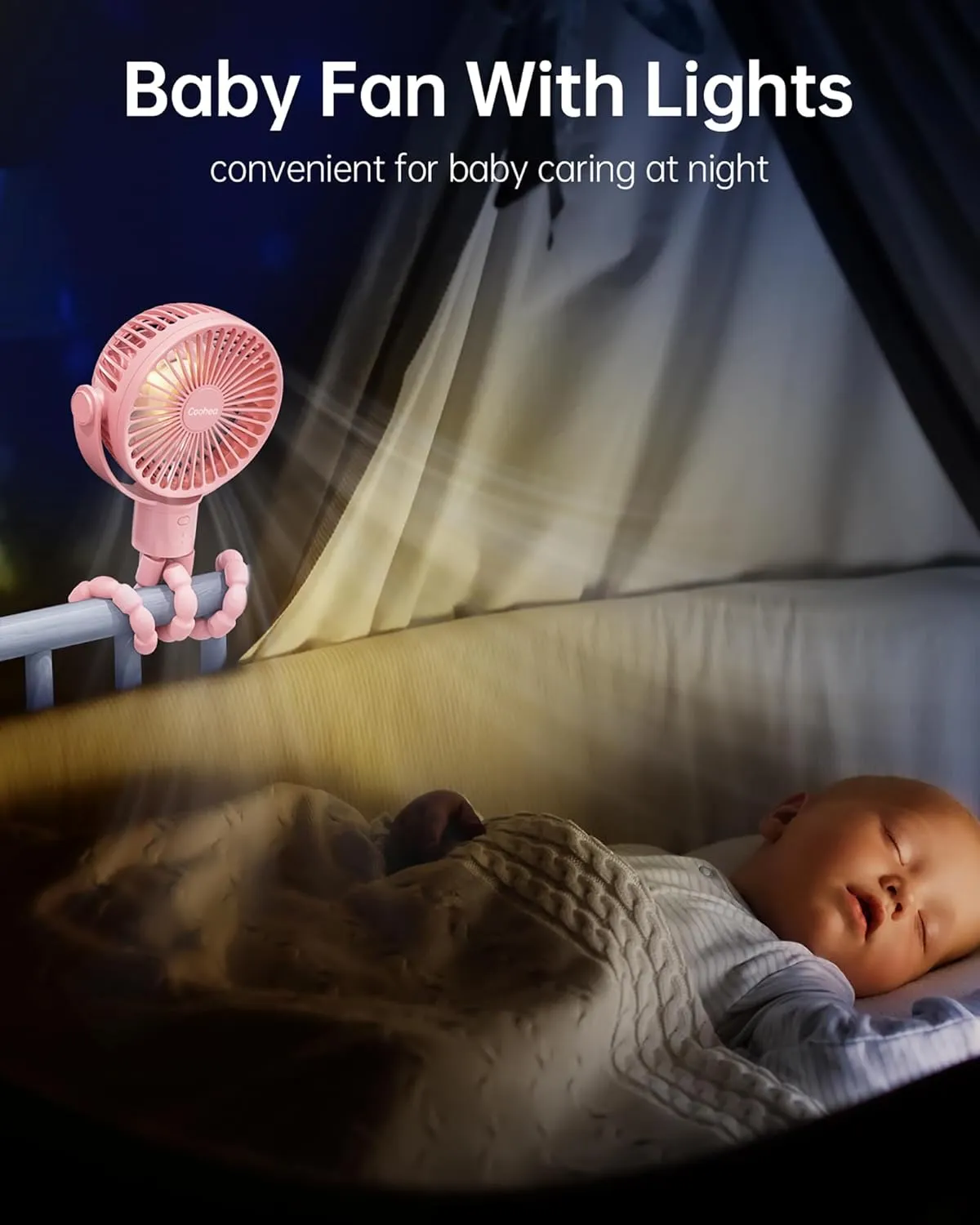Stroller Fan Rechargeable Battery Powered Portable Fans, Head Detachable 360 Rotatable Clip on Fan, 3 Speed Quiet Small Mini Fans with Light Night for Carseat, Bed, Crib, Bike, Travel, Pink
