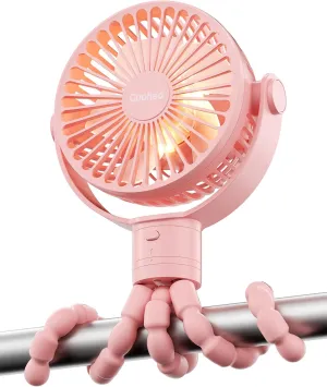 Stroller Fan Rechargeable Battery Powered Portable Fans, Head Detachable 360 Rotatable Clip on Fan, 3 Speed Quiet Small Mini Fans with Light Night for Carseat, Bed, Crib, Bike, Travel, Pink Rear-mounted fan for childrens safety